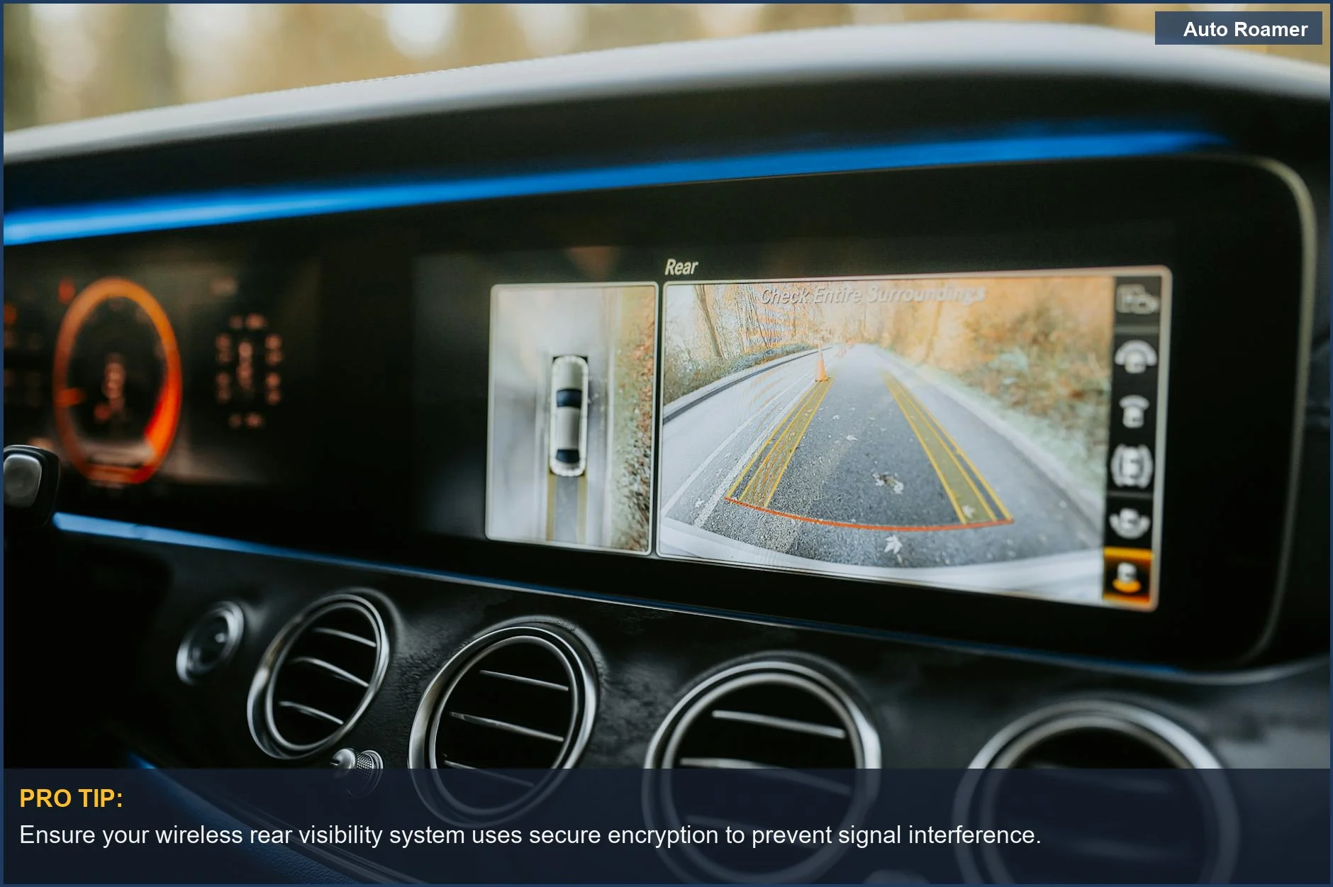 Detailed car dashboard with a rear-view camera monitor, illustrating a secure wireless rear visibility setup.