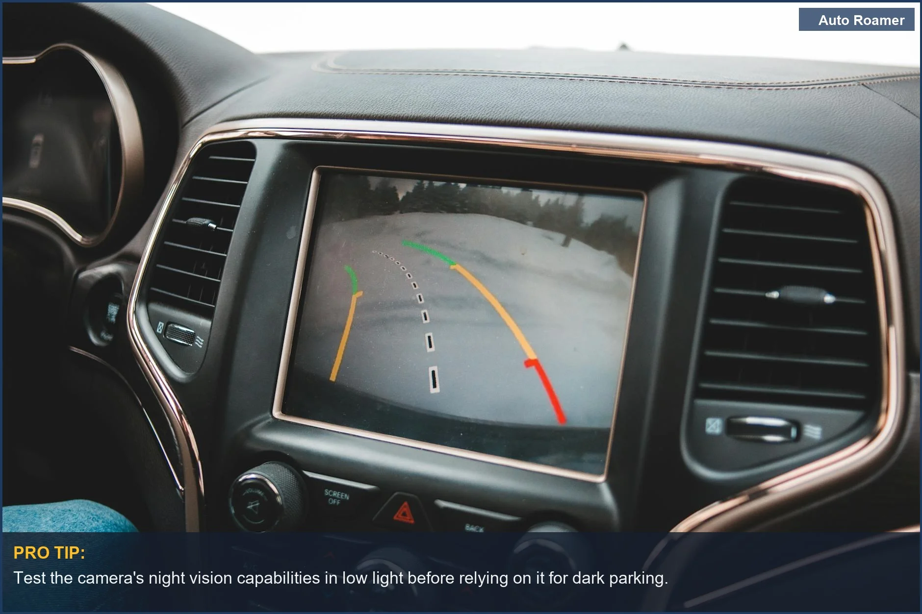 Close-up of car dashboard with rearview camera display assisting with parking maneuvers.