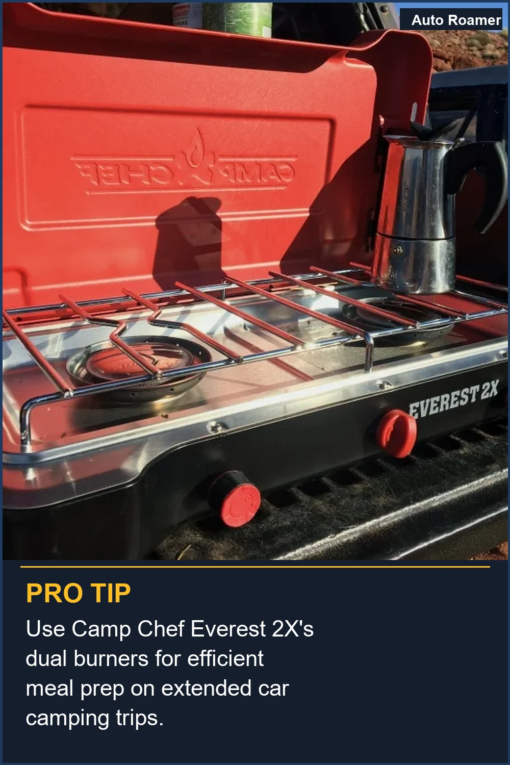 Use Camp Chef Everest 2X's dual burners for efficient meal prep on extended car camping trips.