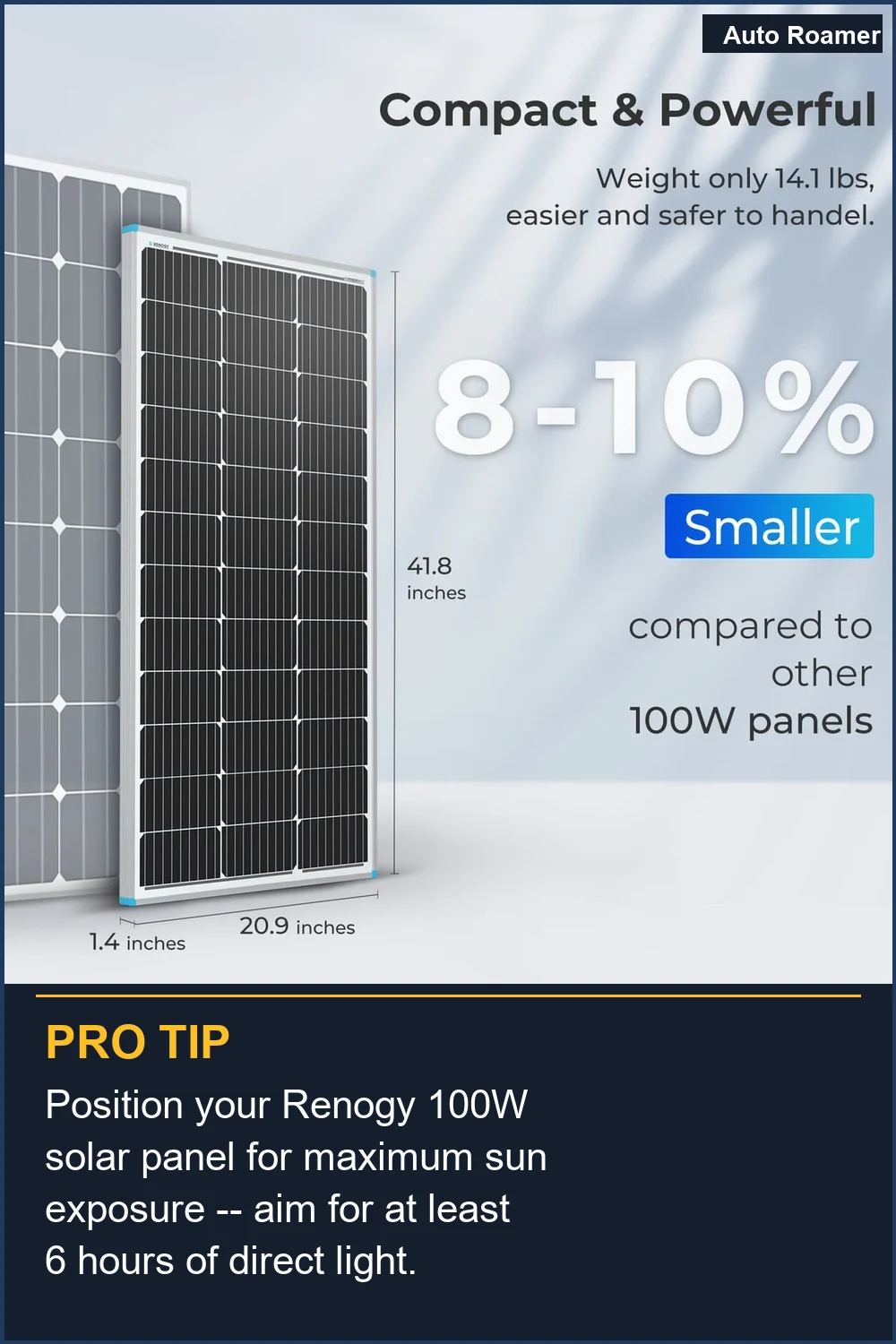Position your Renogy 100W solar panel for maximum sun exposure -- aim for at least 6 hours of direct light.