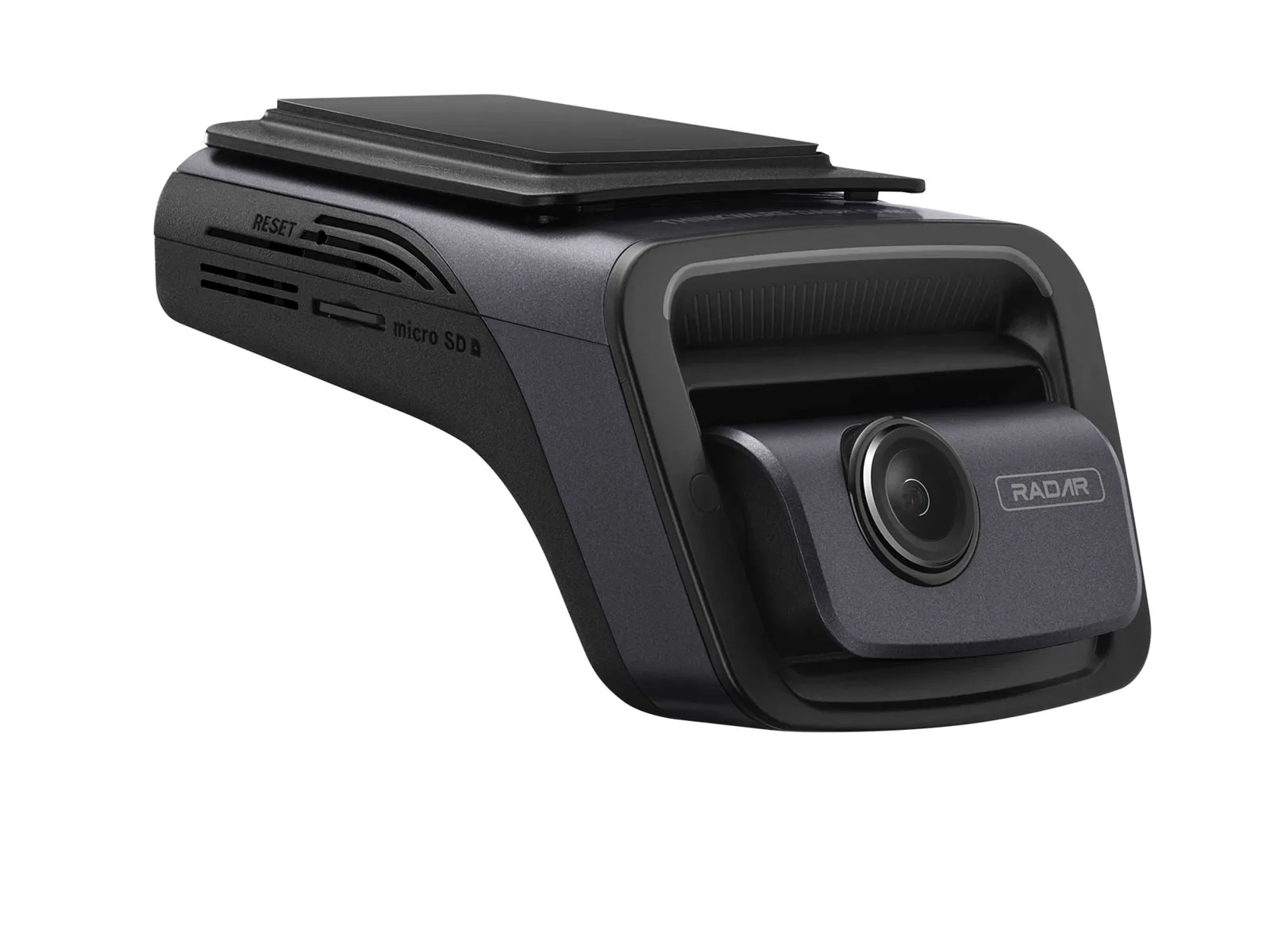 Thinkware U3000 dash cam shown at an angle, a wedge-shaped gunmetal and black unit with a wide lens and a RADAR label, the Thinkware windshield dashcam compared against the BlackVue Elite 10