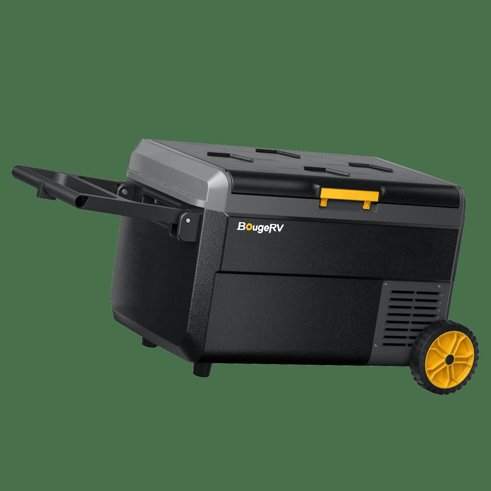 Black BougeRV CRS 42-quart 12V portable car fridge freezer with a fold-out tow handle and large yellow transport wheels
