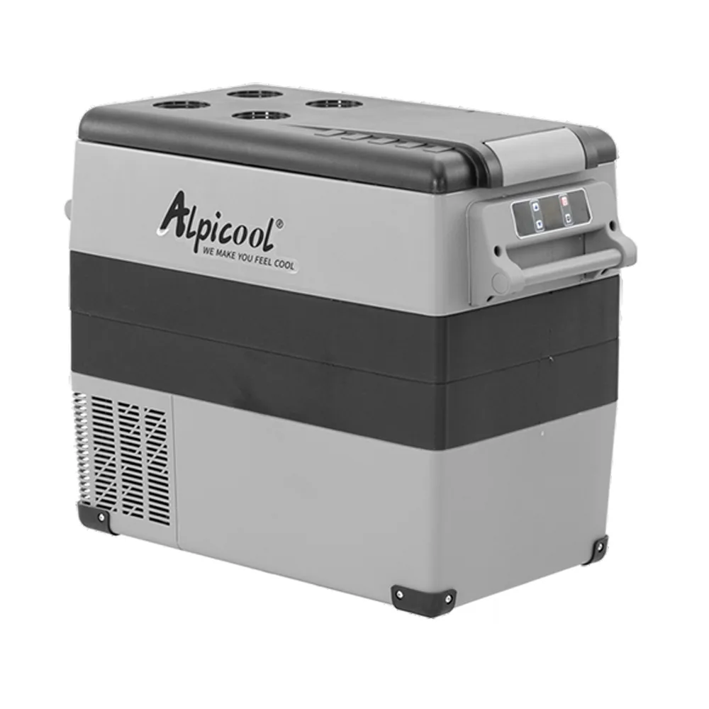 Grey and black Alpicool CF55 dual-zone 12V portable car fridge freezer with cup holders moulded into the lid and a side control panel