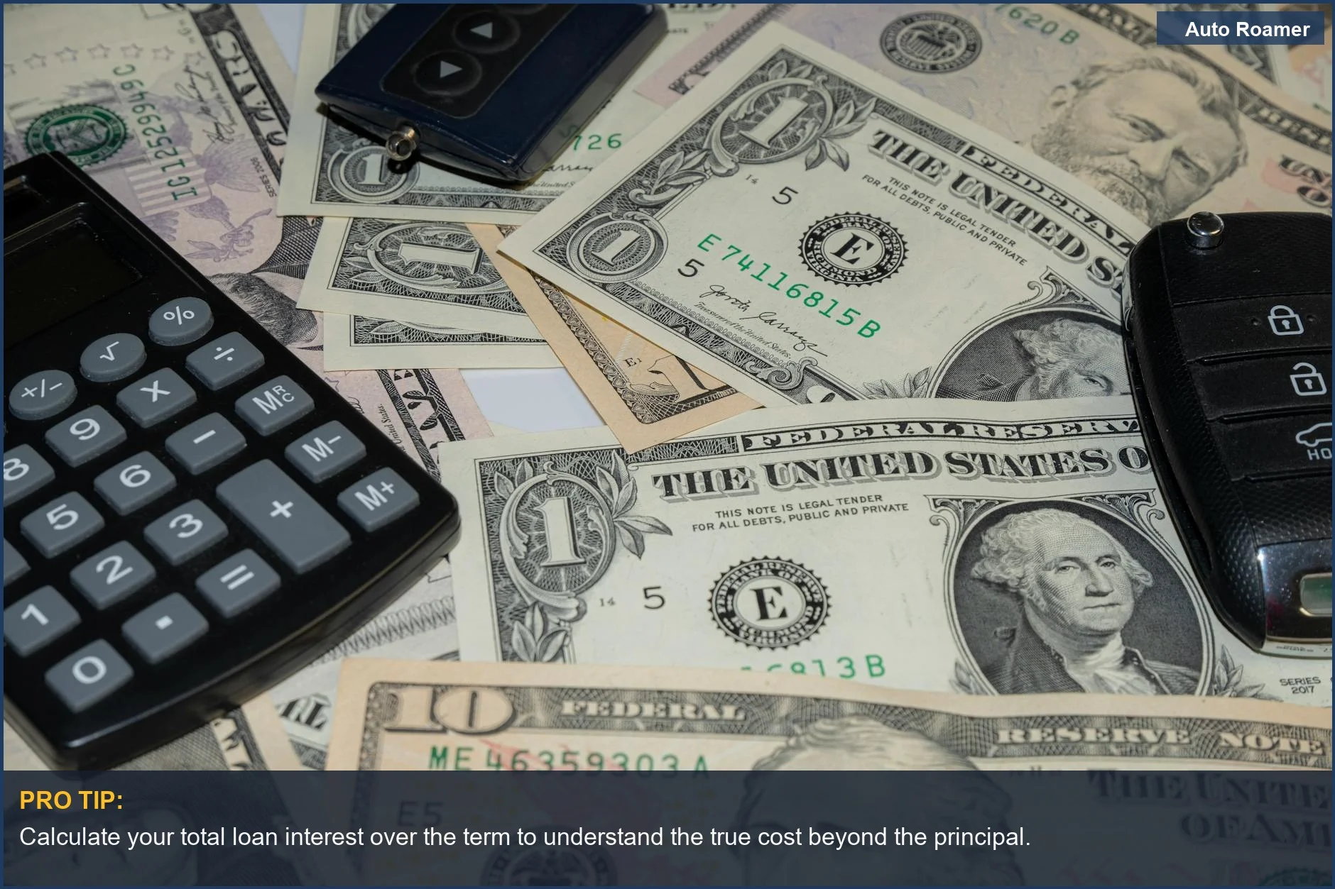 El cálculo del pago mensual del coche implica el monto del préstamo, la tasa de interés y el plazo del préstamo con dólares estadounidenses y una llave de coche.