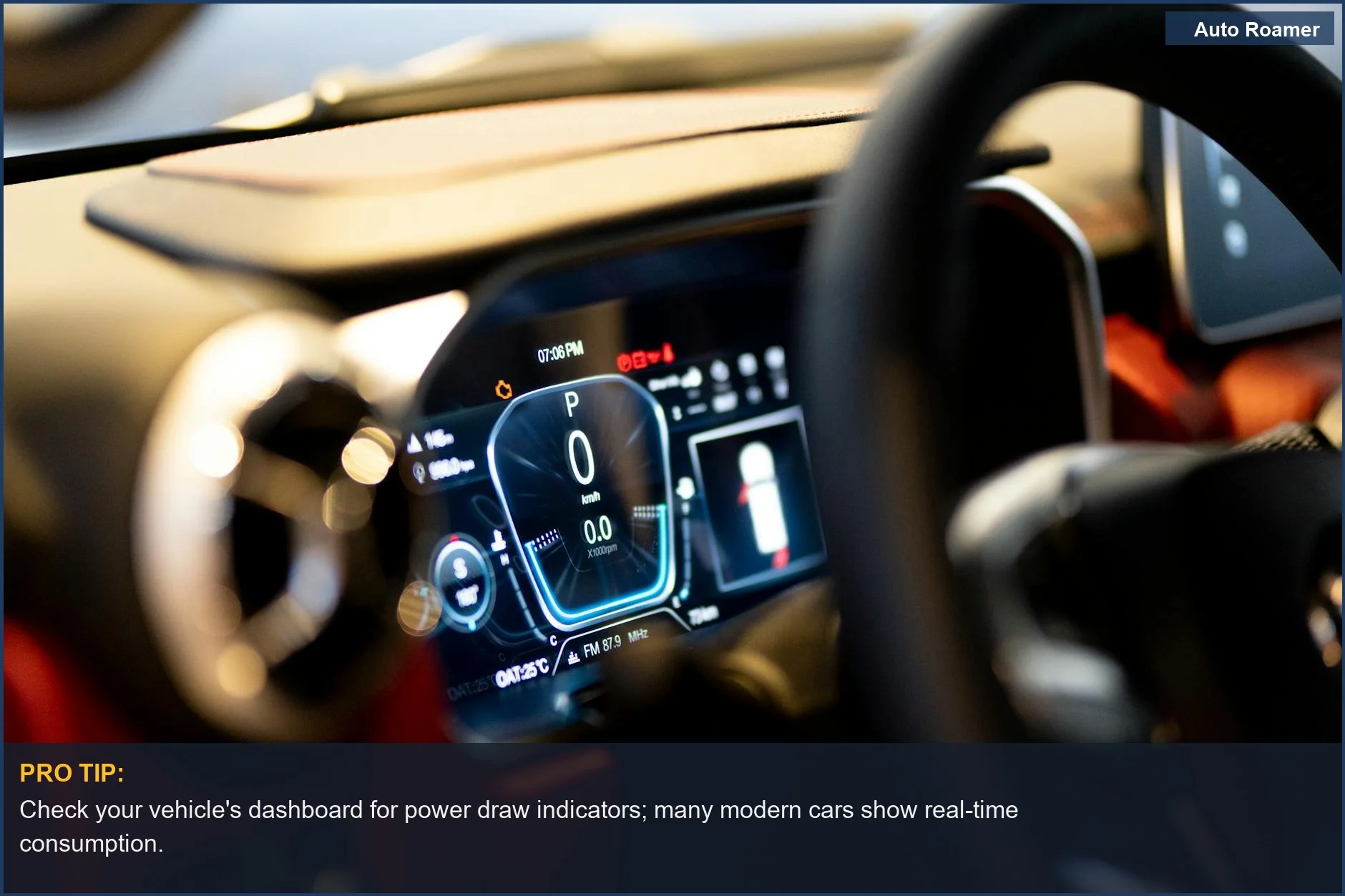 Close-up of illuminated car dashboard displaying digital readouts, relevant for power consumption.