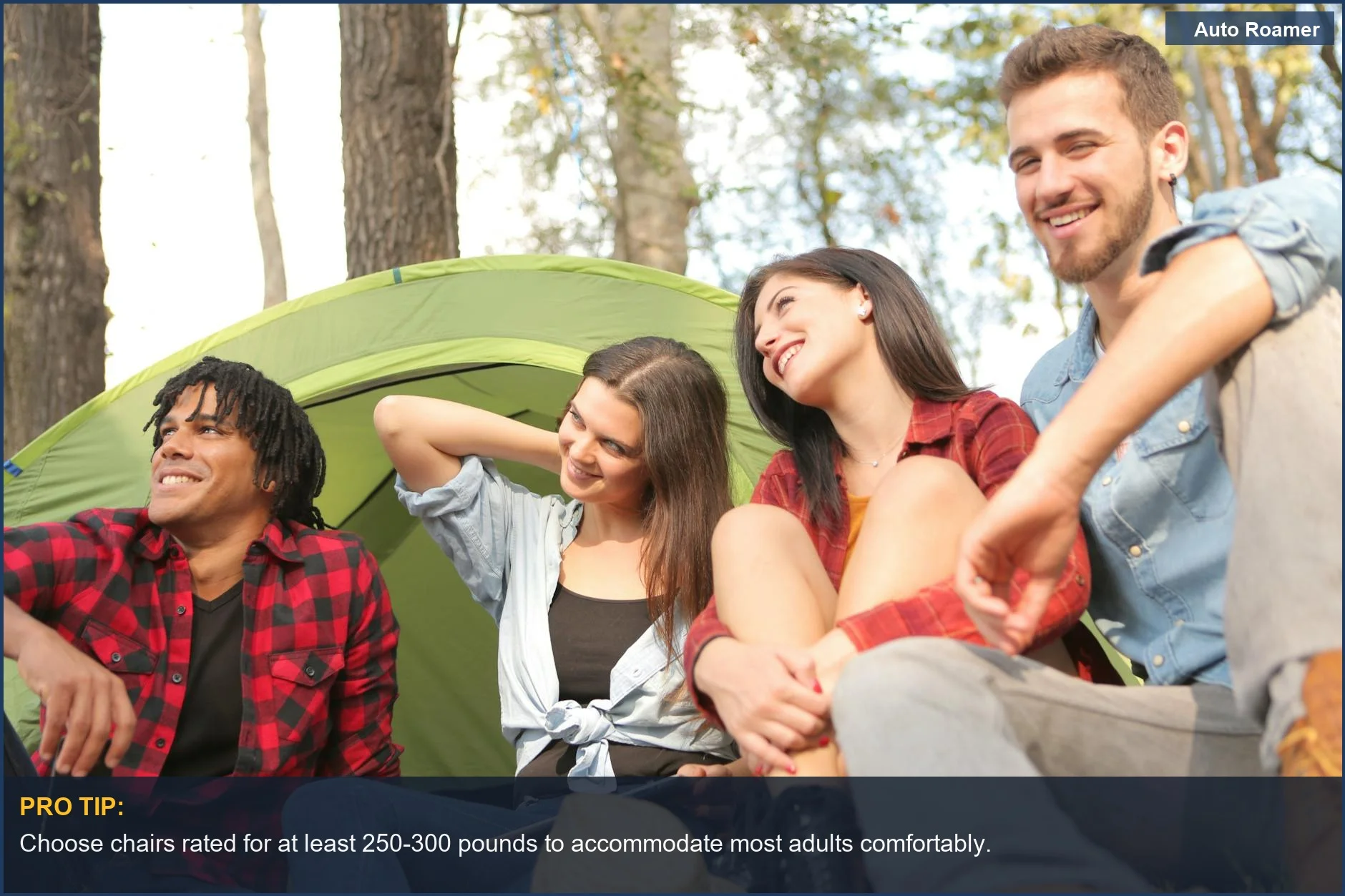 Friends enjoying a sunny camping day, highlighting standard camping chair weight limits for group fun.
