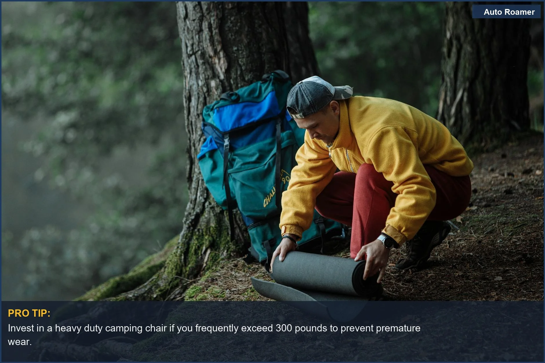 Man setting up camping gear, emphasizing the need for a heavy duty camping chair for rugged adventures.