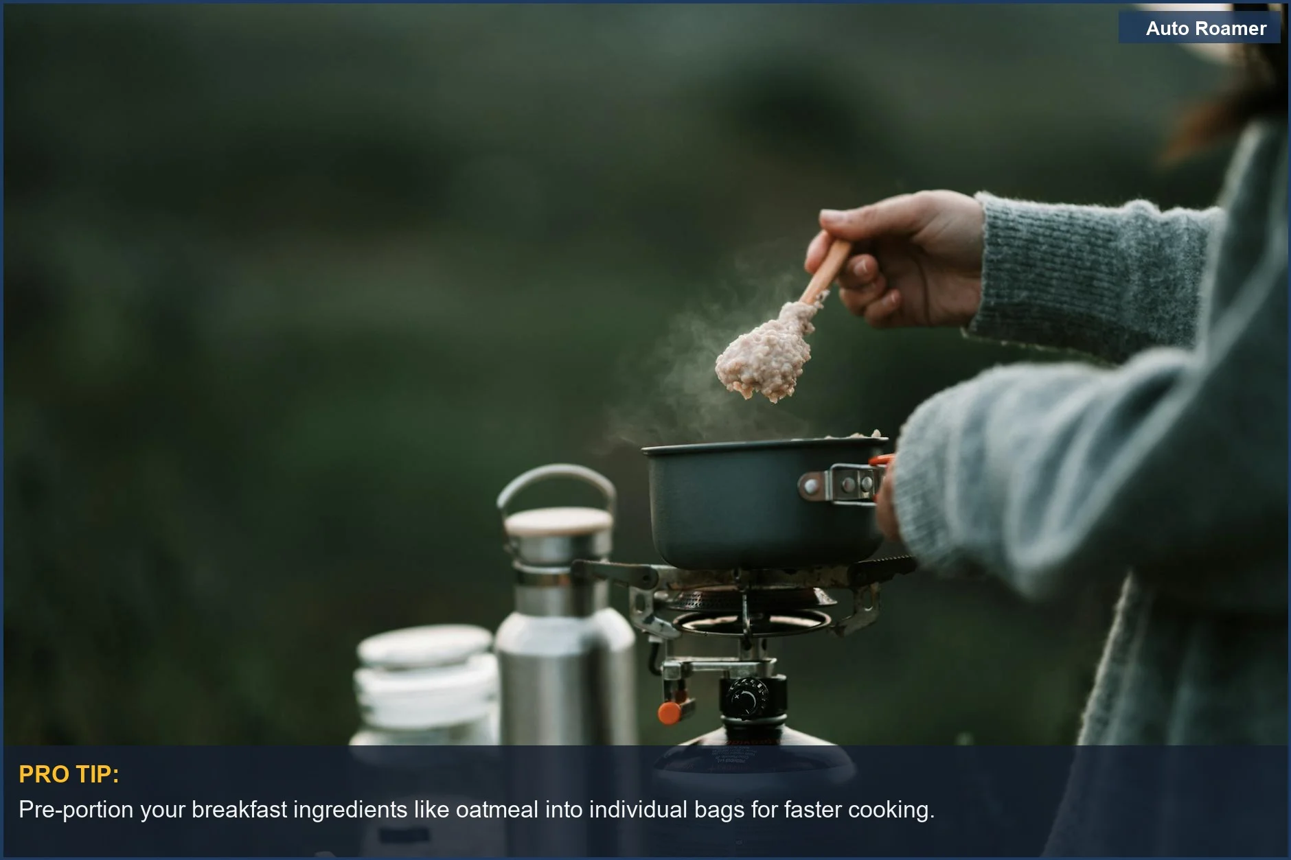 Person cooking steaming oatmeal on a portable stove, key for a beginner camping checklist.