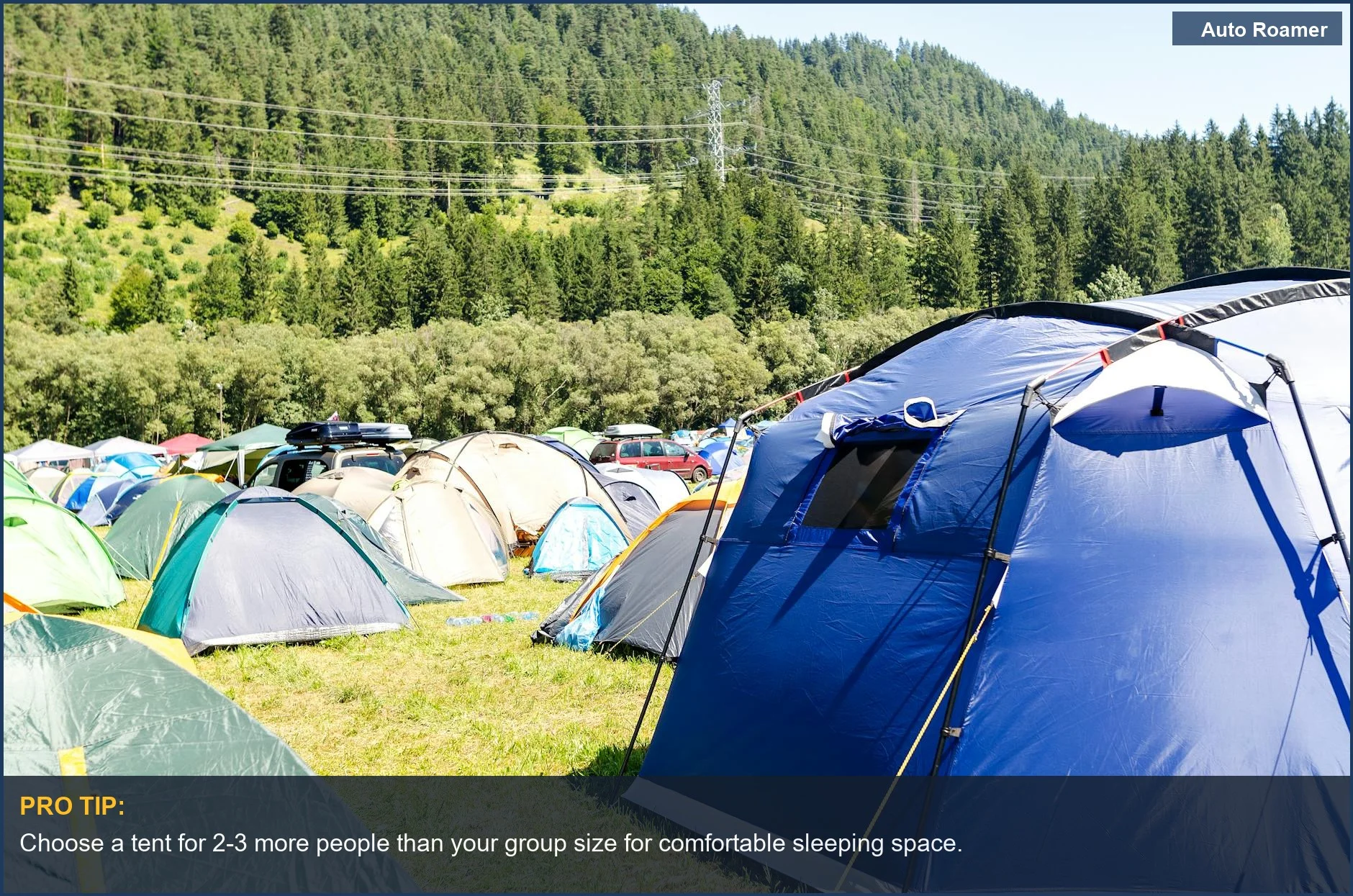 Beginner camping checklist includes setting up a tent in a scenic green valley with mountains.