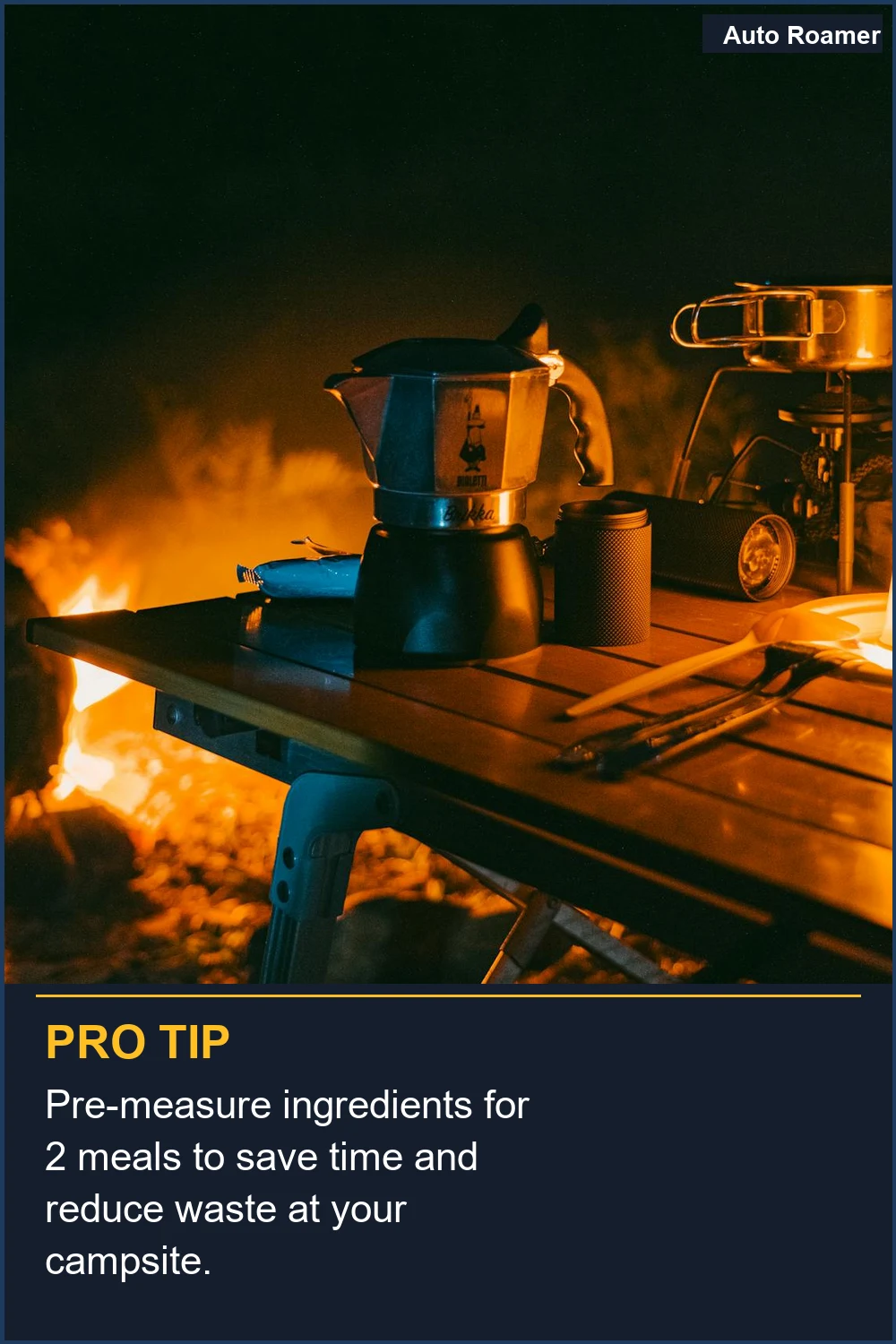 Pre-mide los ingredientes para 2 comidas para ahorrar tiempo y reducir el desperdicio en tu campamento.