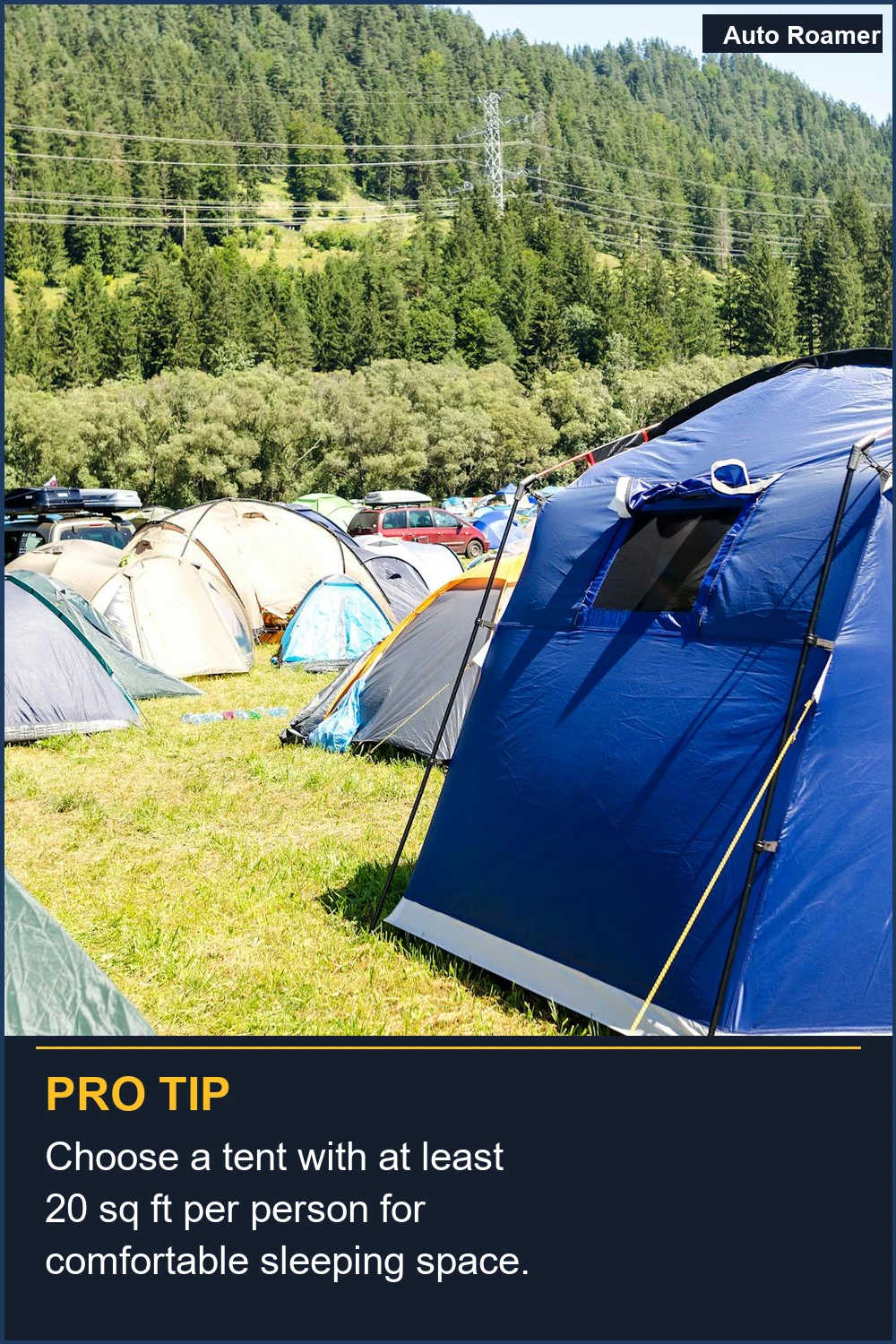 Elige una tienda de campaña con al menos 20 pies cuadrados por persona para un espacio de dormir cómodo.
