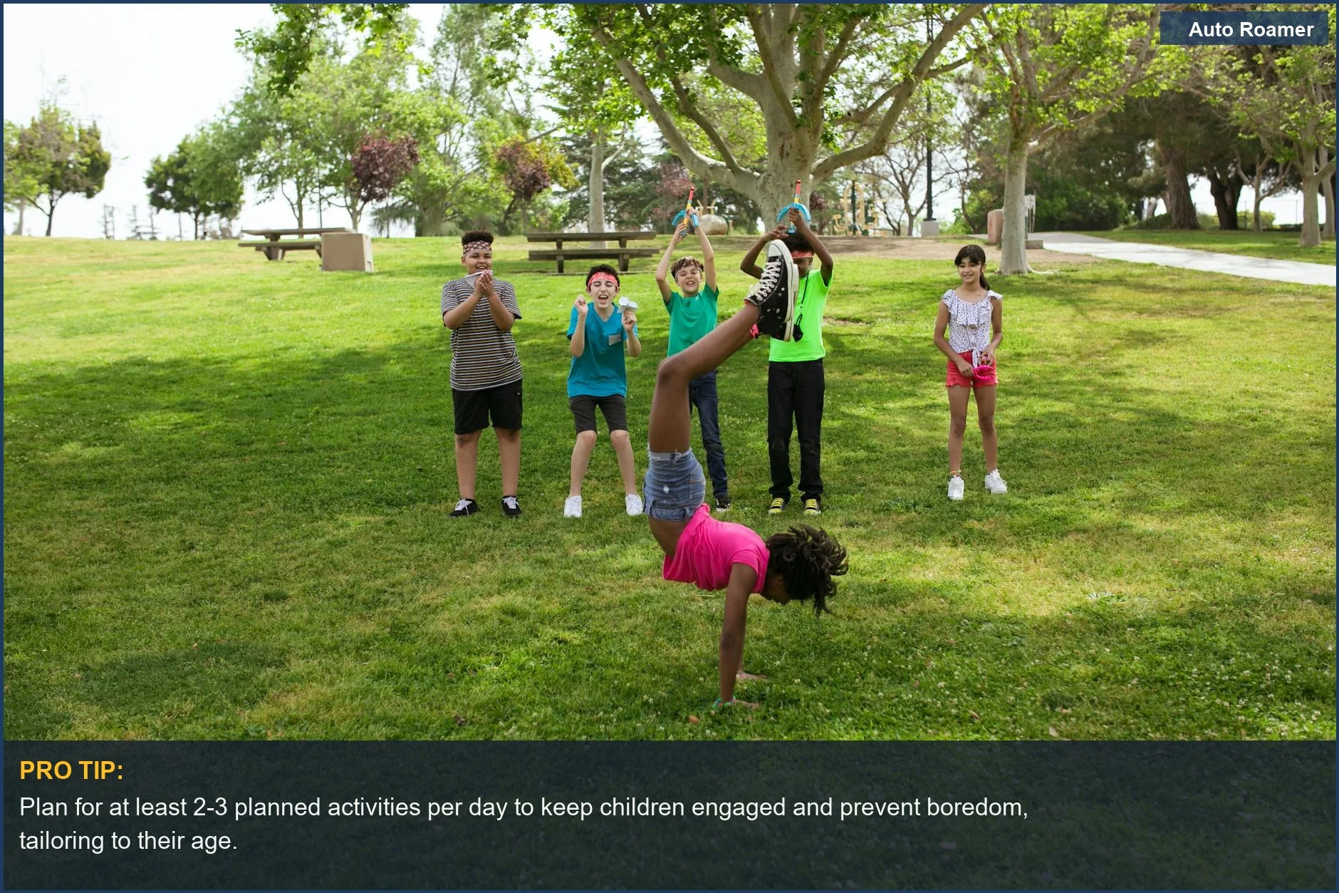Children enthusiastically participating in fun summer camp activities and teamwork games in a sunny park setting.