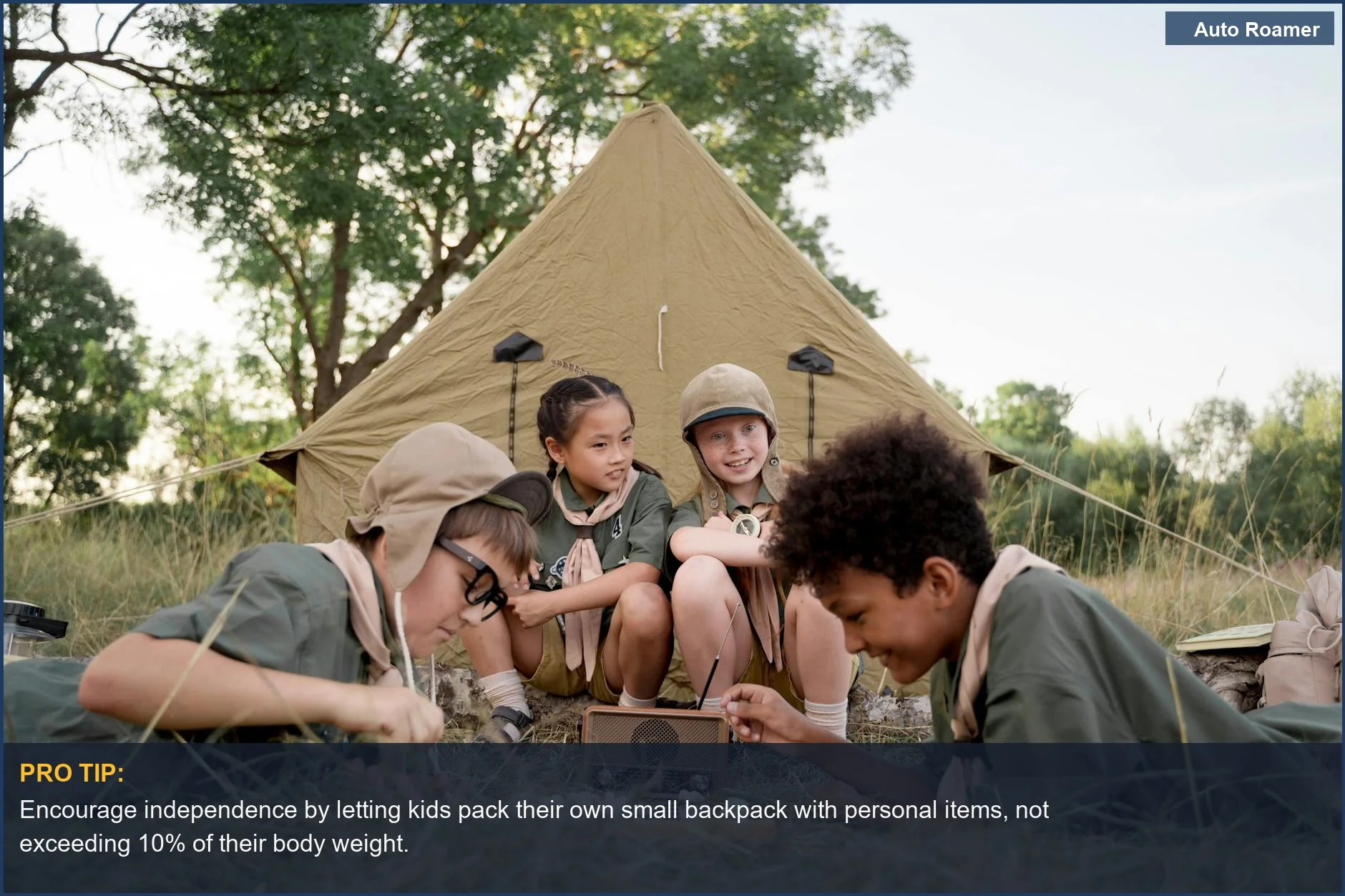 Group of happy kids in scout uniforms bonding during an outdoor nature camping trip, learning teamwork.