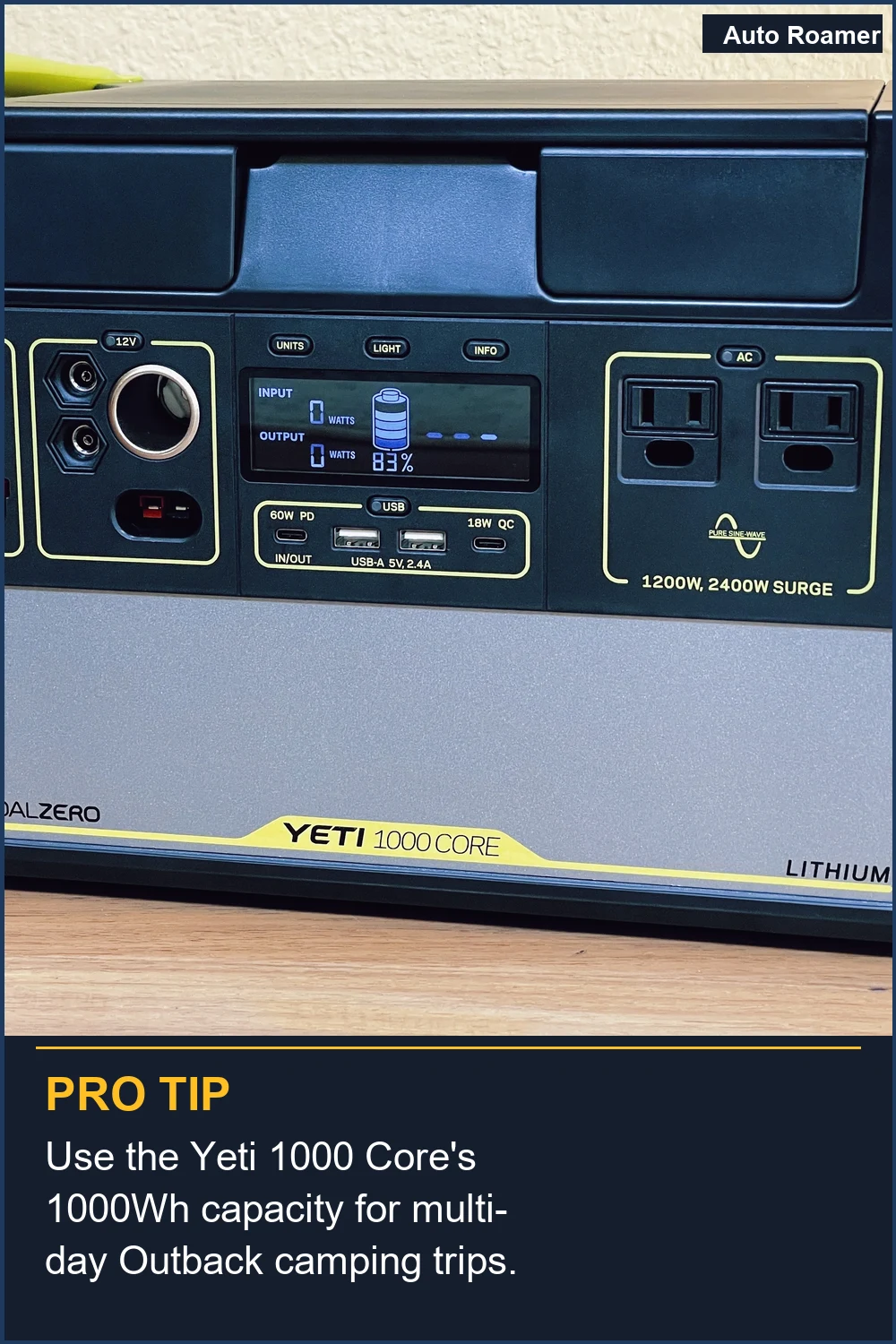 Use the Yeti 1000 Core's 1000Wh capacity for multi-day Outback camping trips.