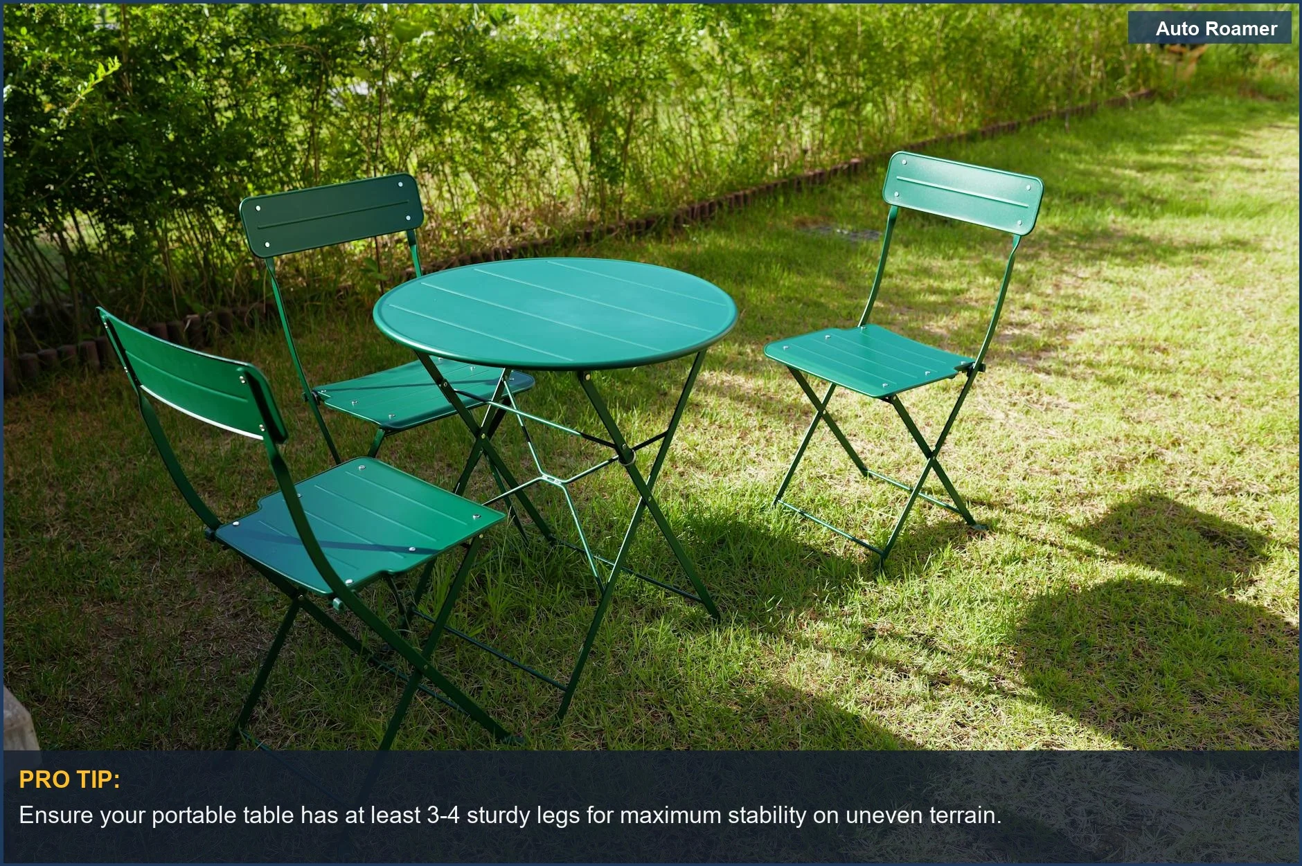 A sturdy bistro table and chairs set in a vibrant, sunny garden setting.