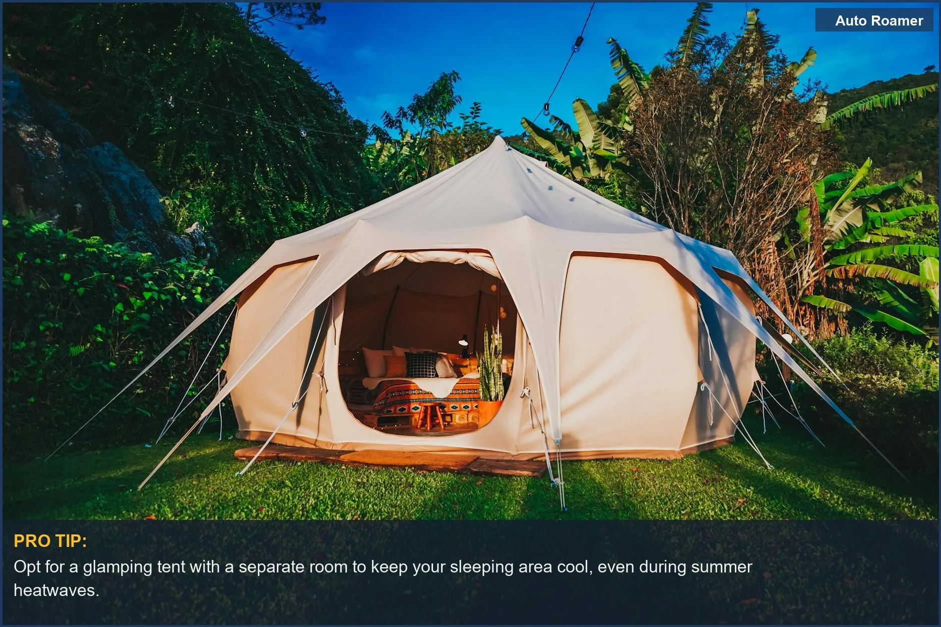 Luxurious glamping tent with separate sleeping quarters, perfect for a comfortable outdoor experience.