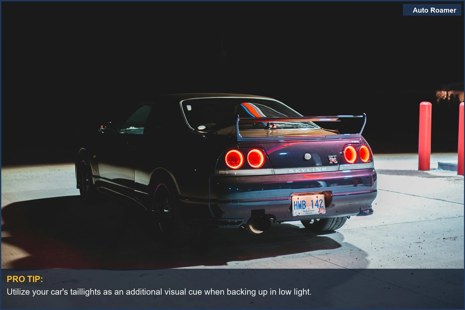 Luxury sports car taillights illuminate a gas station at night, a key feature for backup camera visibility.