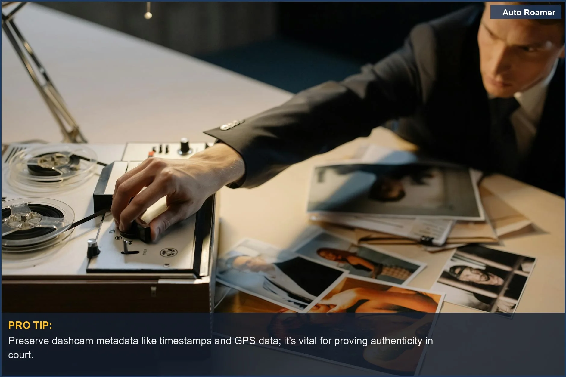 Detective reviewing important dashcam video evidence with timestamps and GPS data for court.