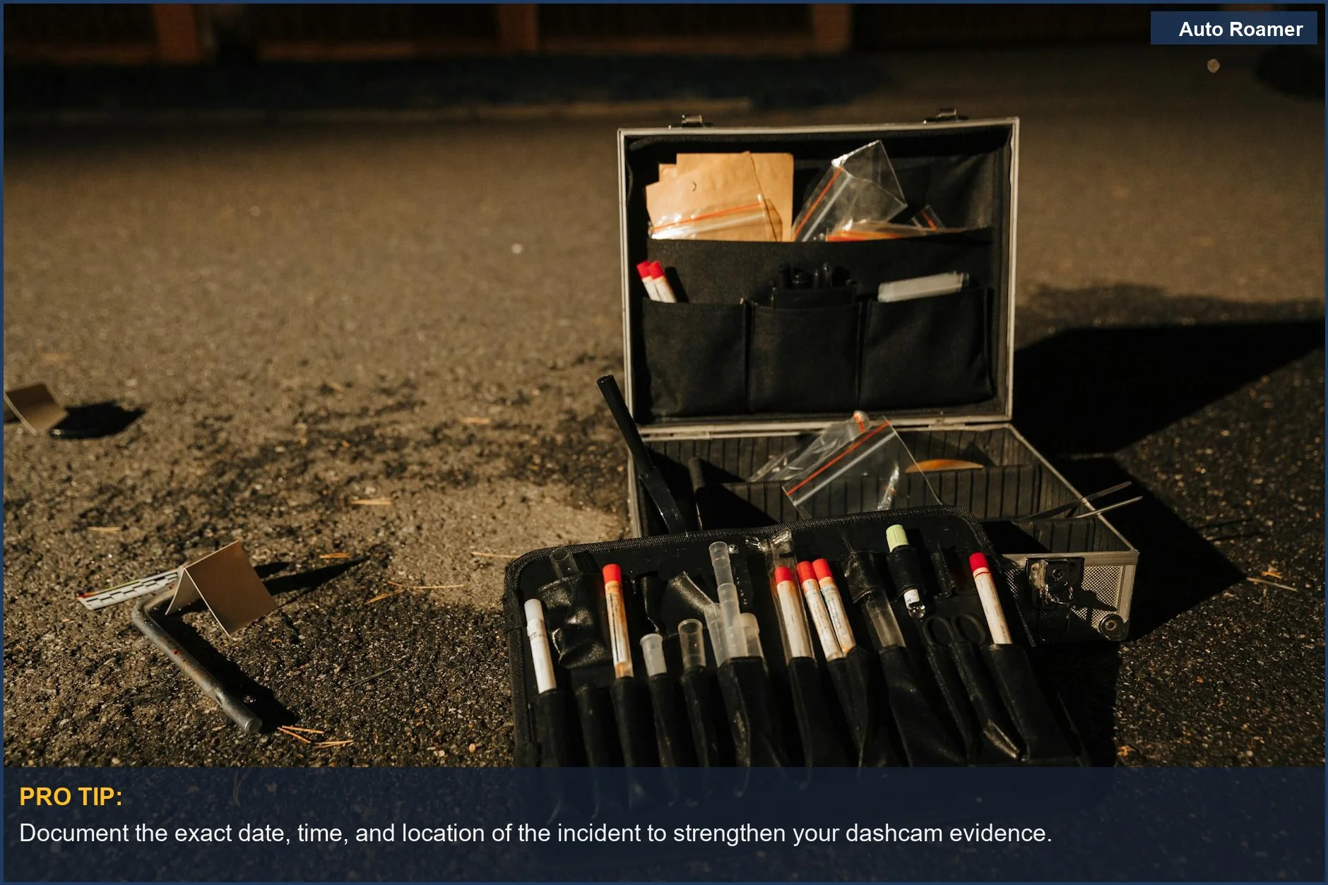 Forensic evidence kit at a road crime scene, capturing vital dashcam footage for legal use.