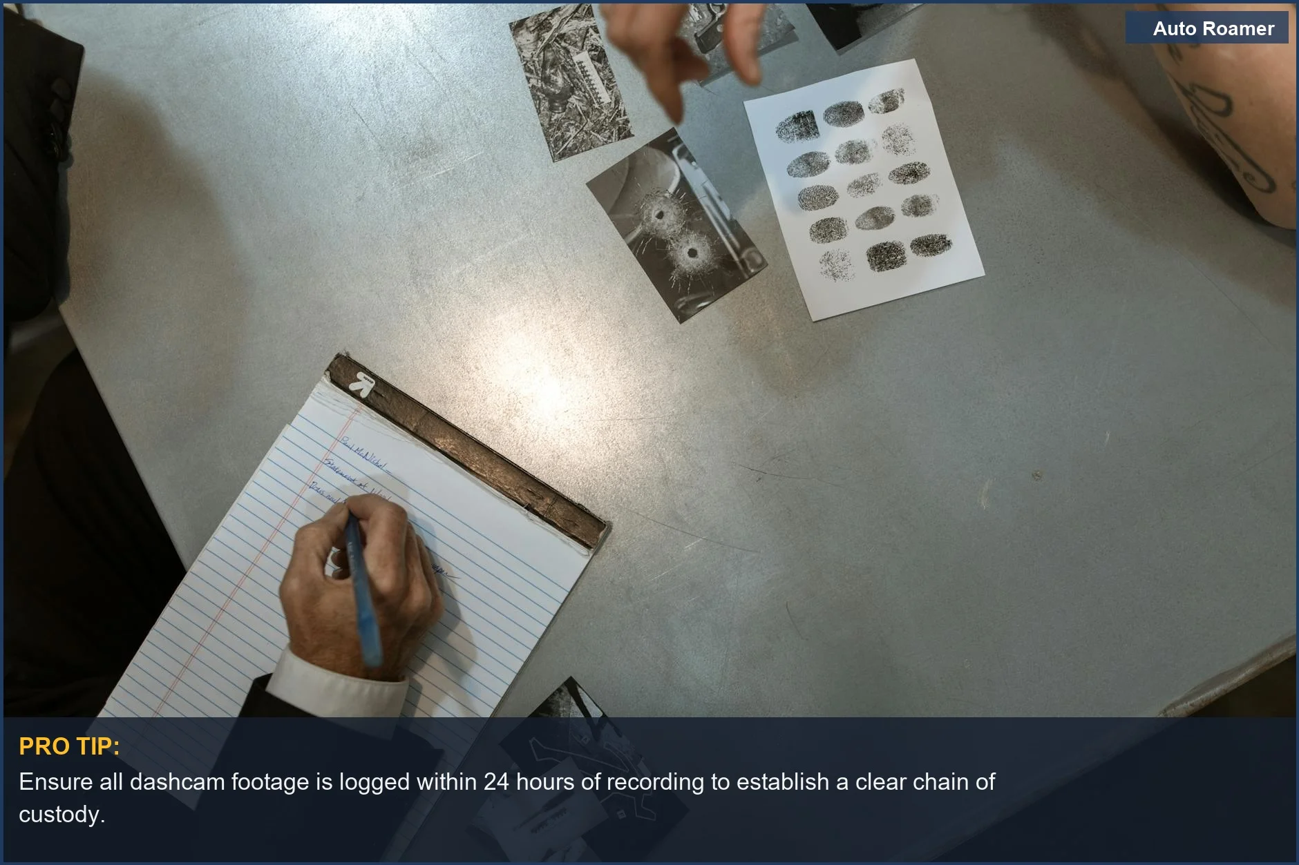 Police officers examining dashcam evidence and taking notes during a crucial court case investigation.