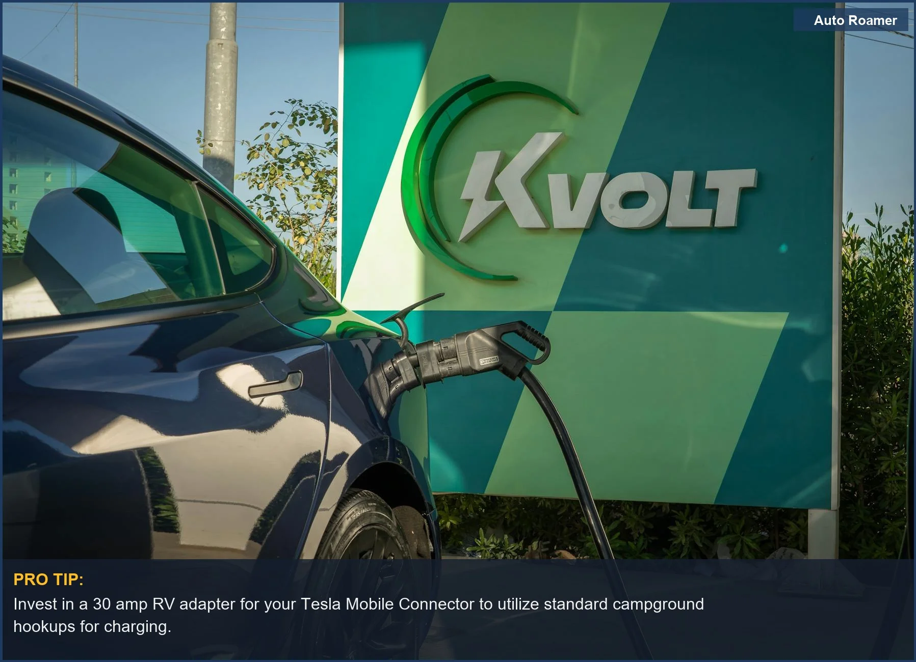 Modern eco-friendly electric car charging at a Kvolt station during daylight, emphasizing sustainable travel.