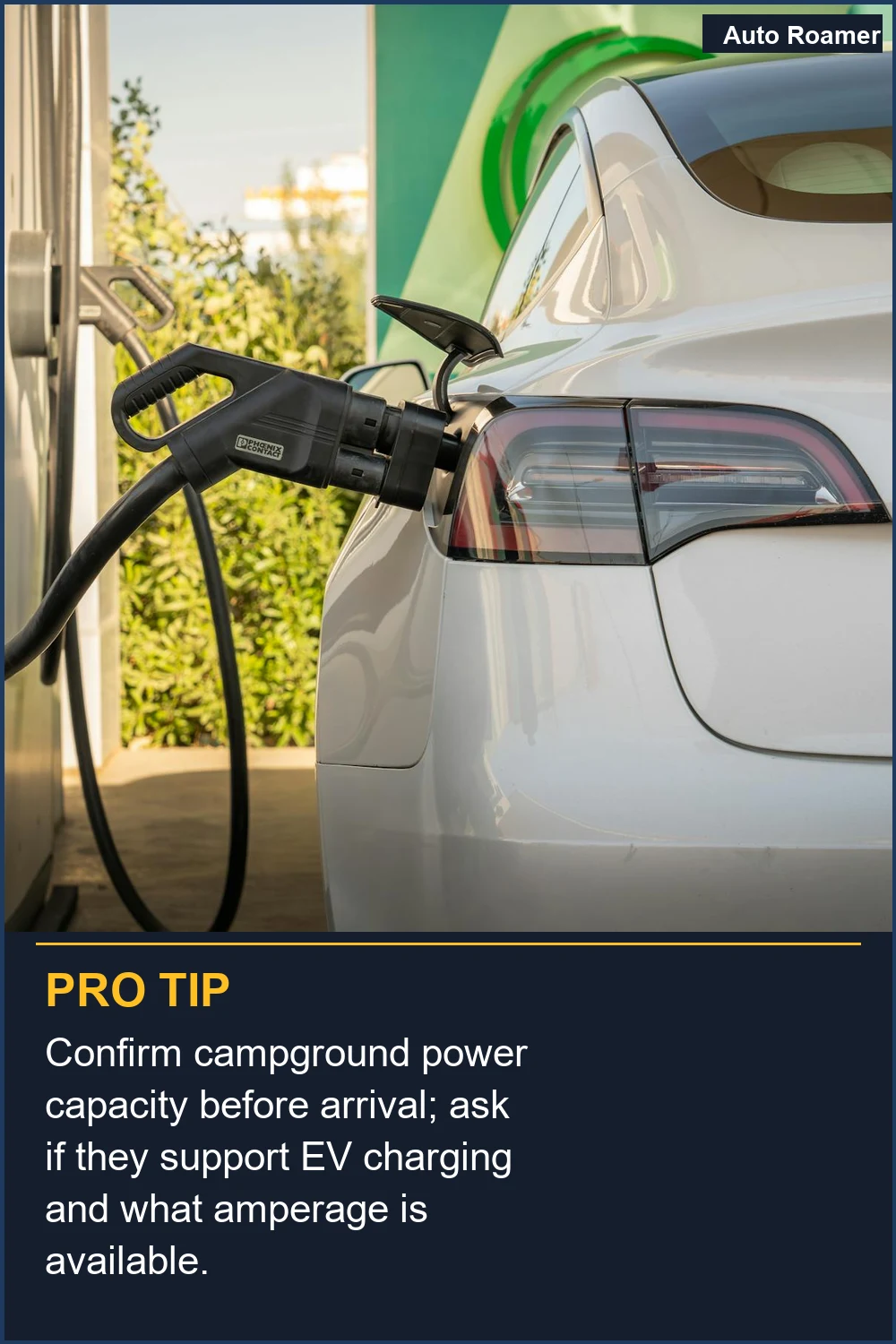 Confirm campground power capacity before arrival; ask if they support EV charging and what amperage is available.