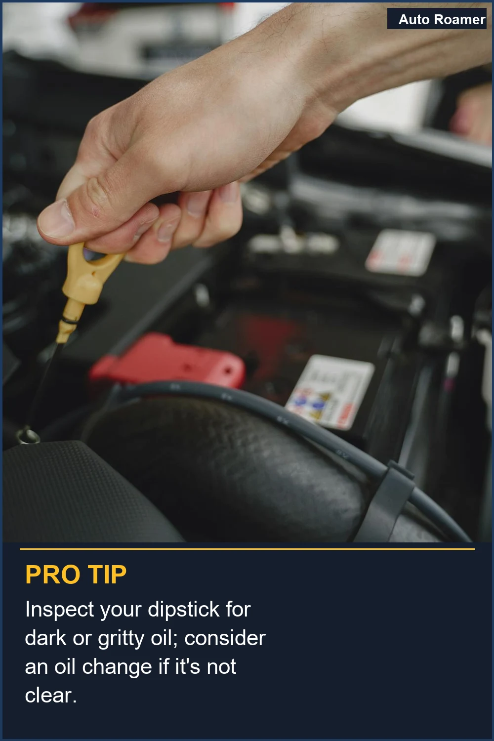 Inspect your dipstick for dark or gritty oil; consider an oil change if it's not clear.