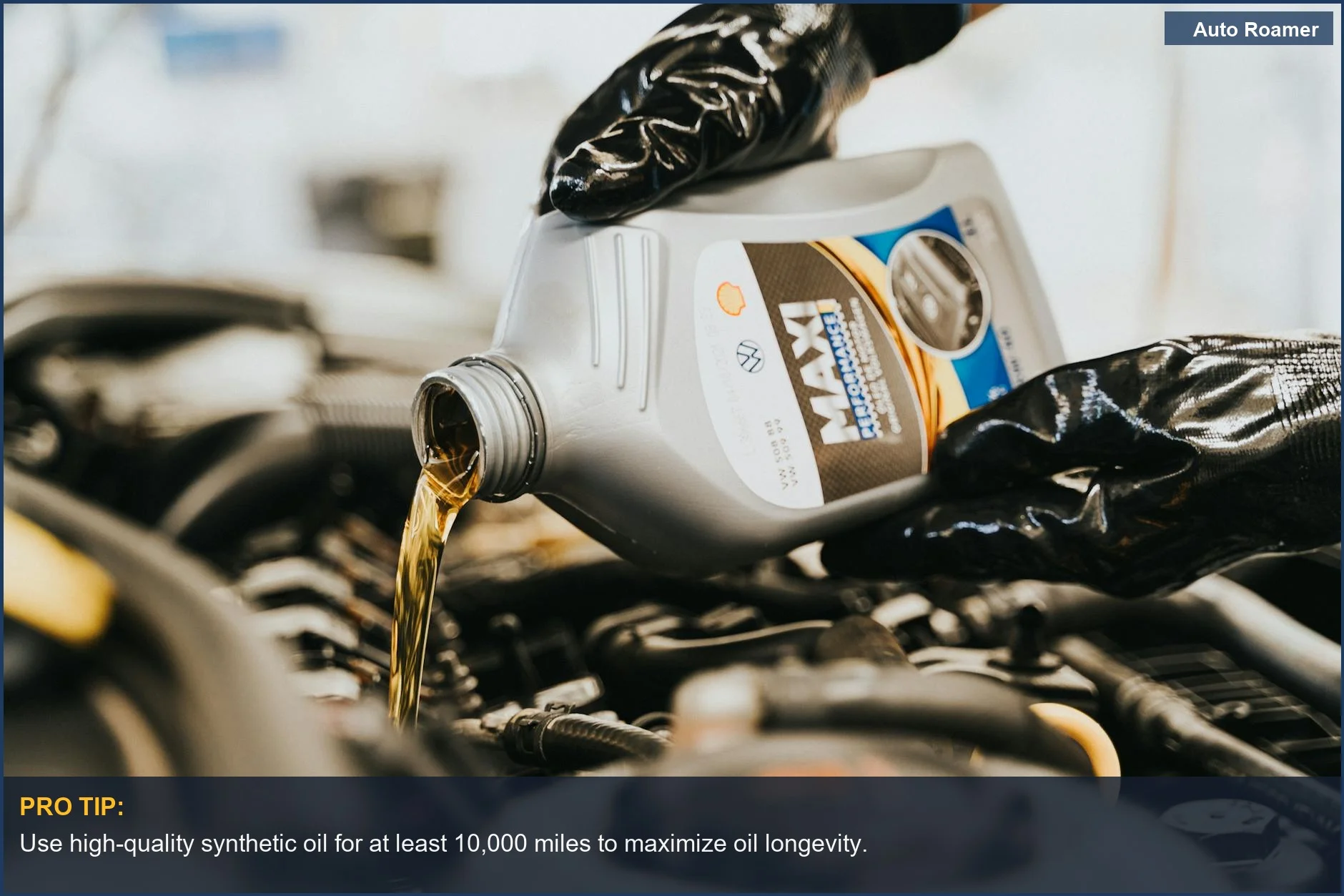 Close-up of engine oil being poured, highlighting essential car maintenance for oil longevity.