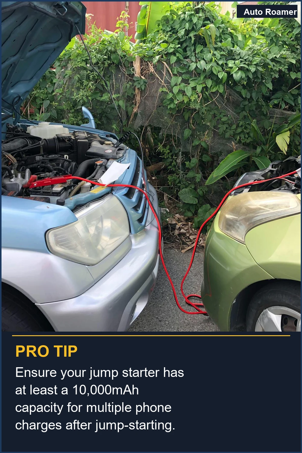 Ensure your jump starter has at least a 10,000mAh capacity for multiple phone charges after jump-starting.