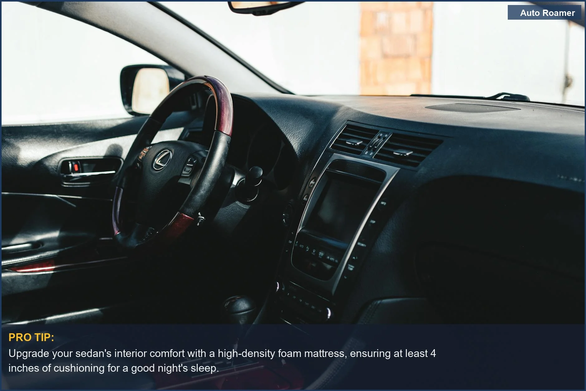 Luxurious Lexus GS interior with leather seats and dashboard, showcasing a comfortable car camping setup.