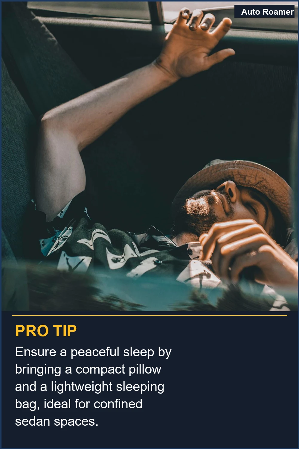 Ensure a peaceful sleep by bringing a compact pillow and a lightweight sleeping bag, ideal for confined sedan spaces.