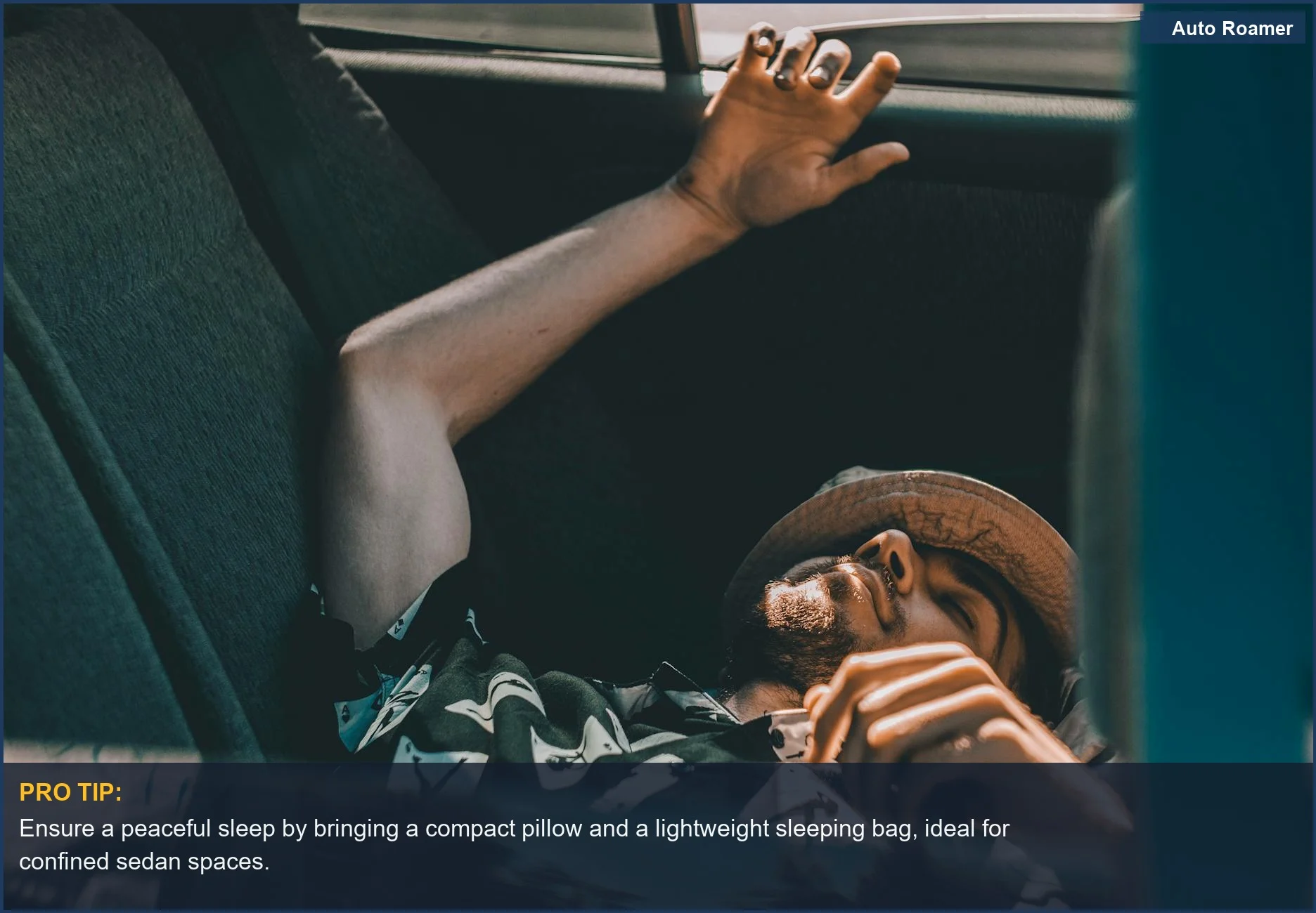 Man sleeping soundly in the backseat of a car, demonstrating the feasibility of sedan car camping.