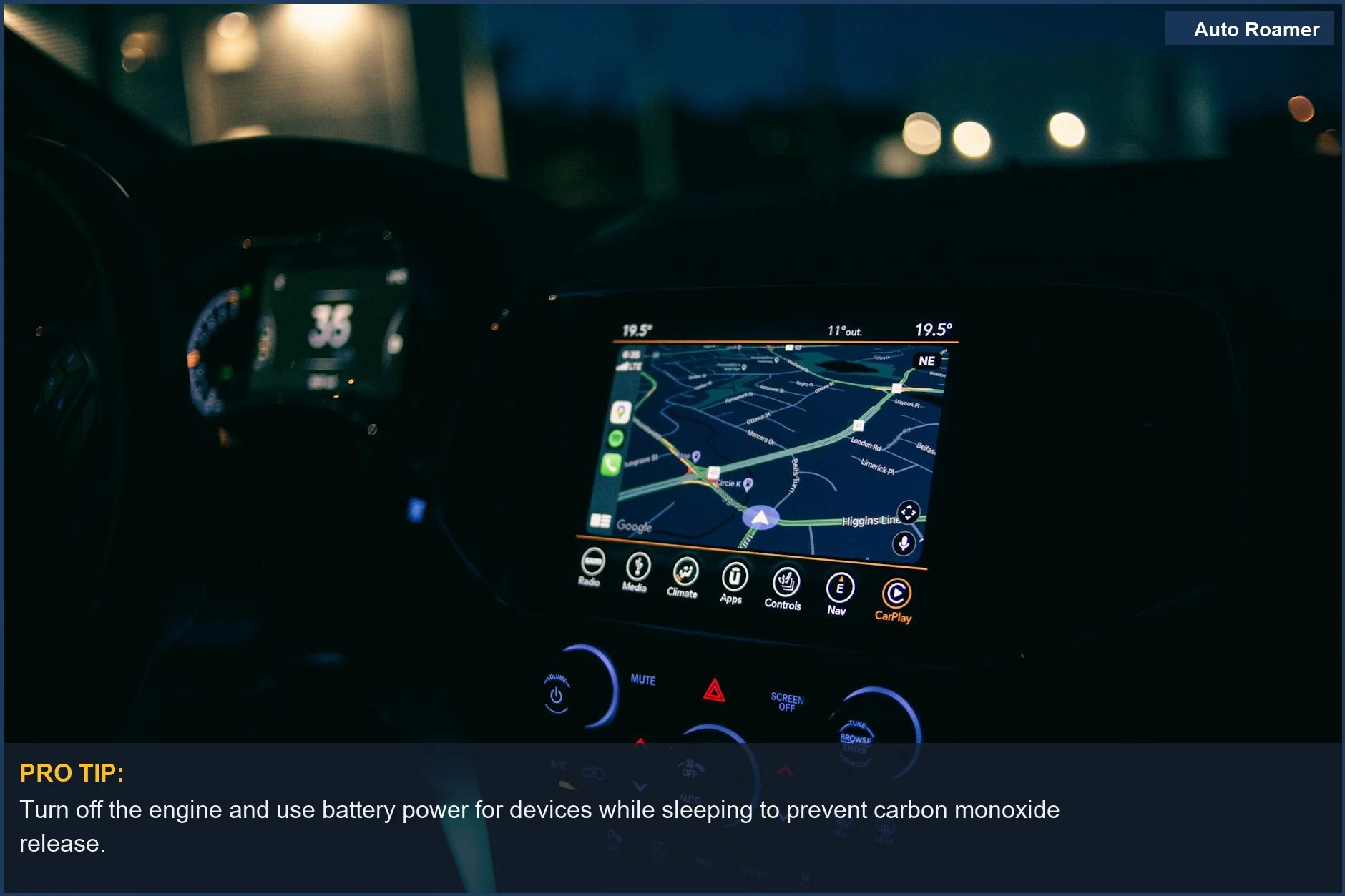 Close-up of a car's GPS navigation system at night, representing modern travel and the risks of carbon monoxide.
