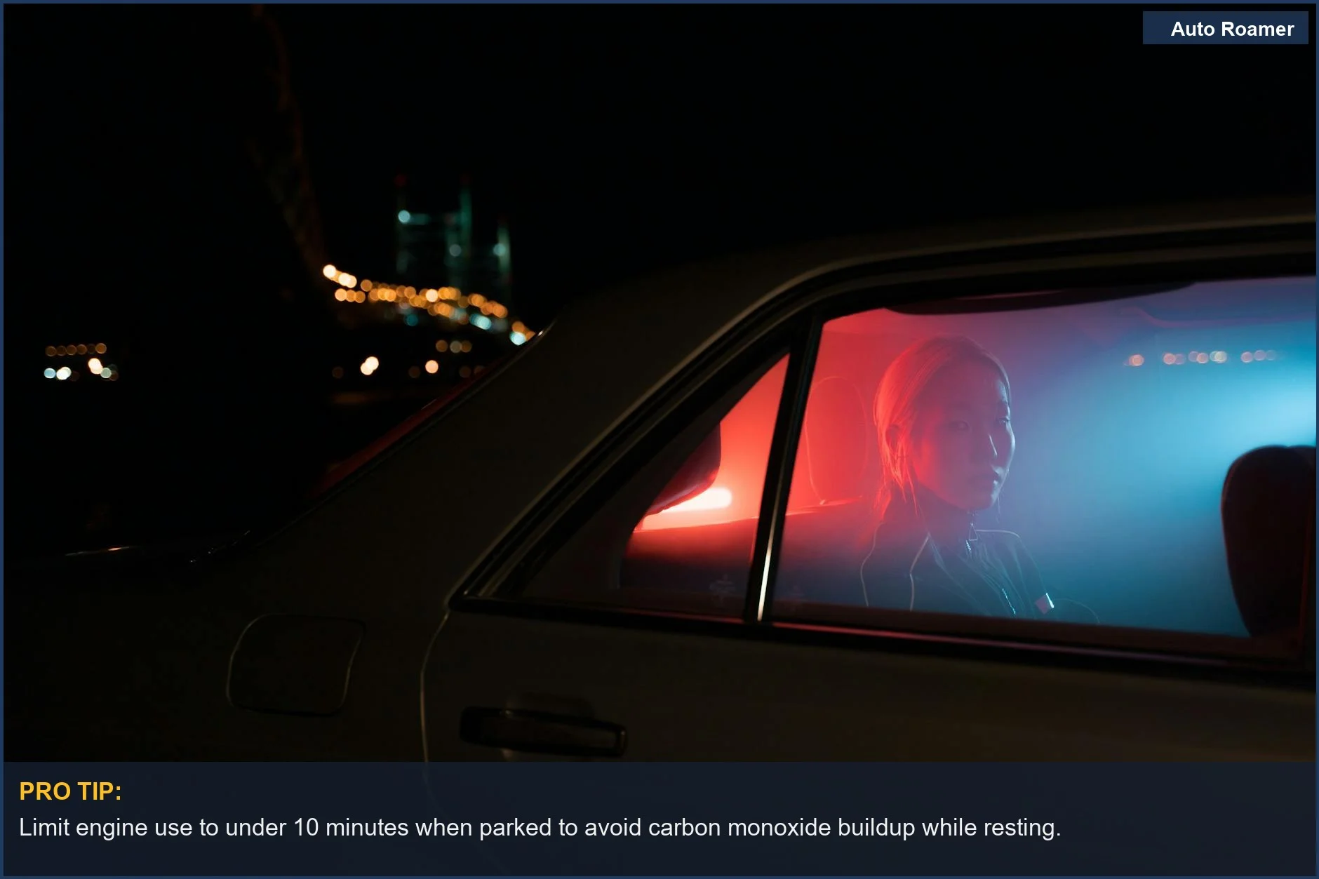 A woman sitting in a car at night with city lights, showcasing the potential for carbon monoxide exposure.