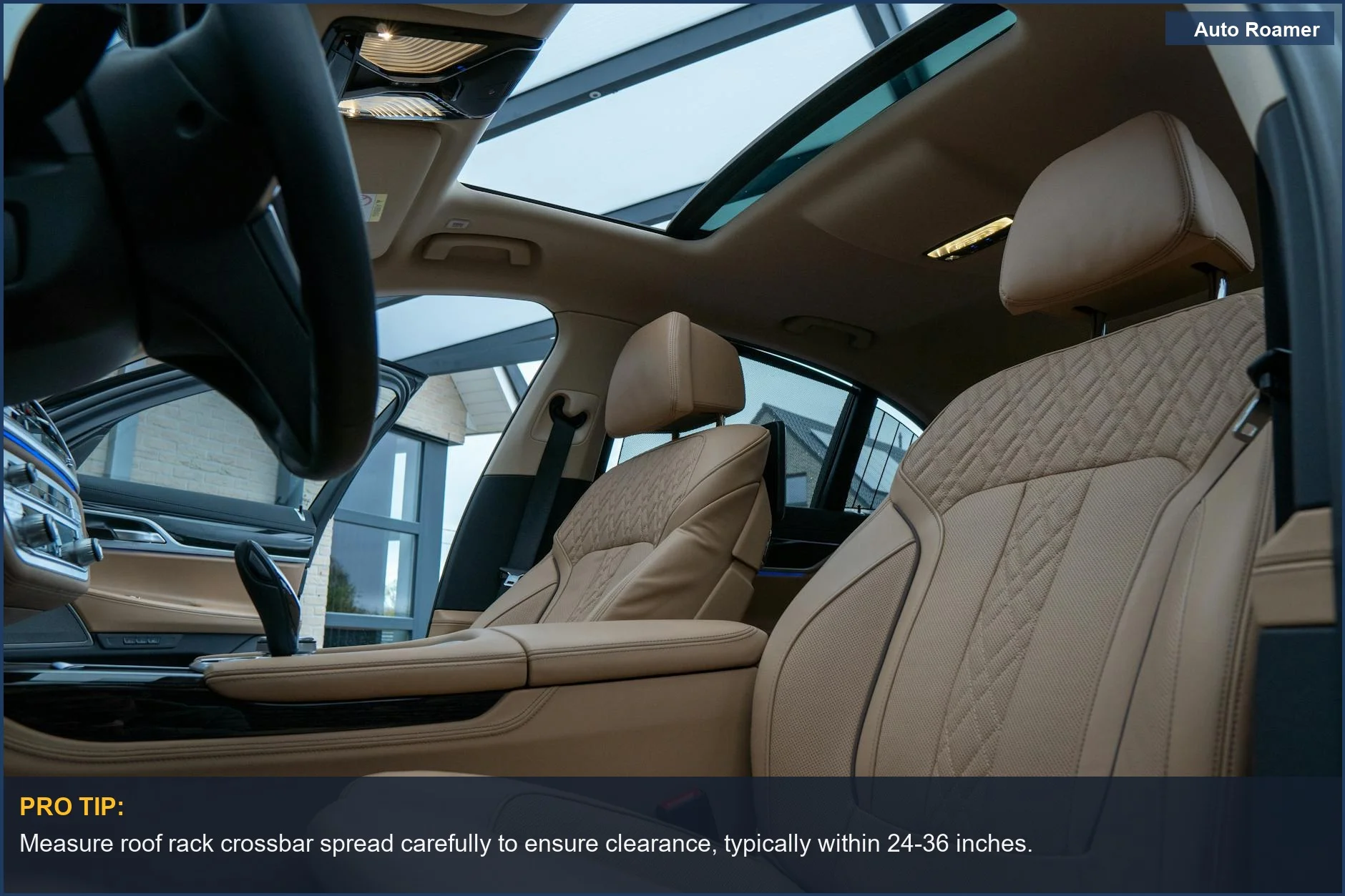 Elegant beige leather car interior with a panoramic sunroof, emphasizing comfort and luxury for roof rack choices.