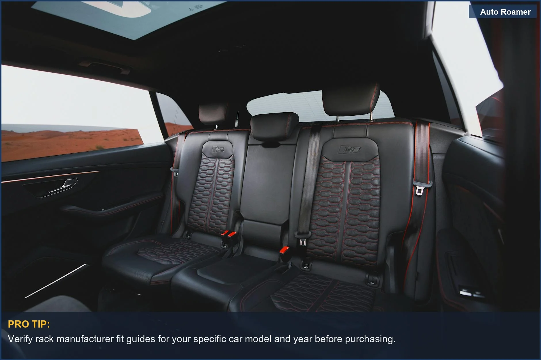 Sleek custom leather seats and panoramic view inside a luxurious car, important for roof rack fitment.