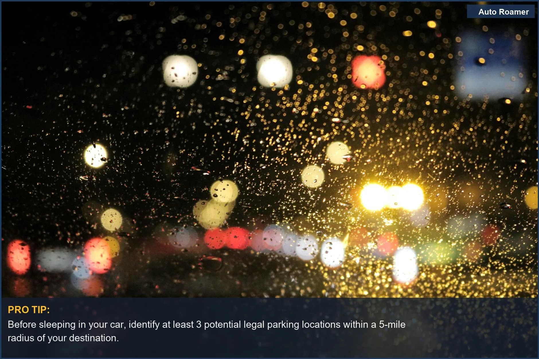 Street lights create a bokeh effect on a car window covered in raindrops, illustrating the mood for those seeking legal overnight parking.