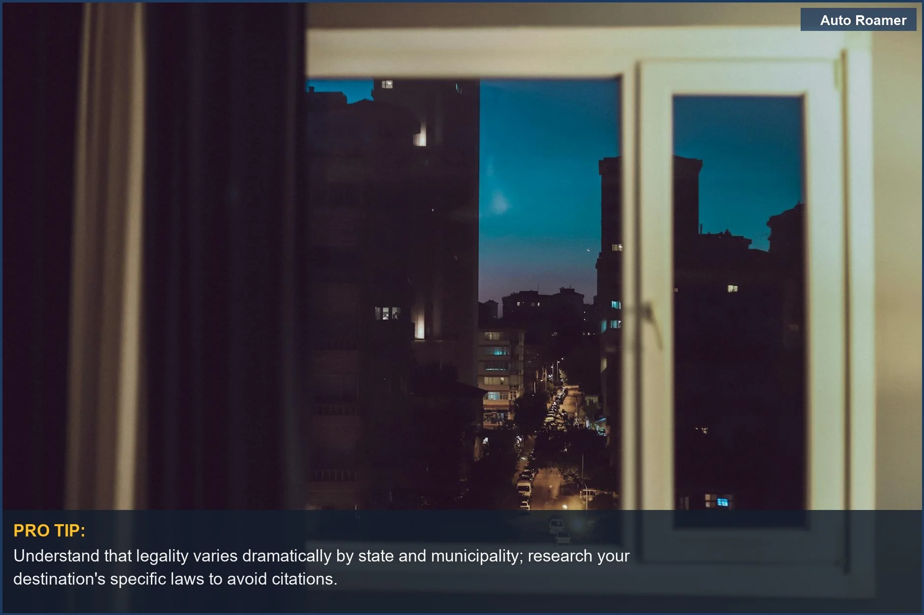 Serene urban street view at night through a window, with glowing city lights, hinting at the complexities of finding a legal spot to sleep in your car.