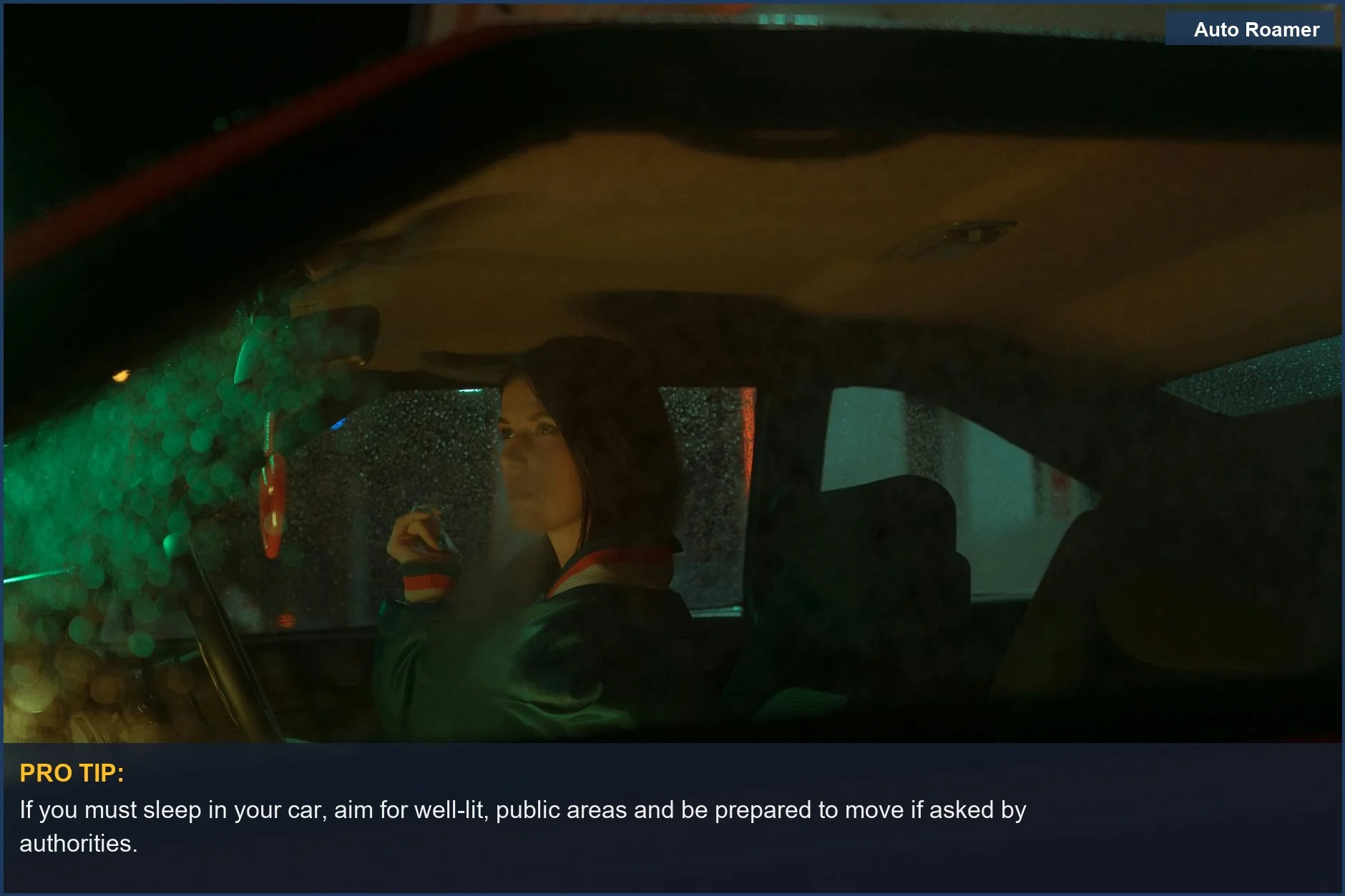 Woman inside a parked car at night, looking out a rain-speckled window, contemplating the legalities of sleeping in her vehicle.