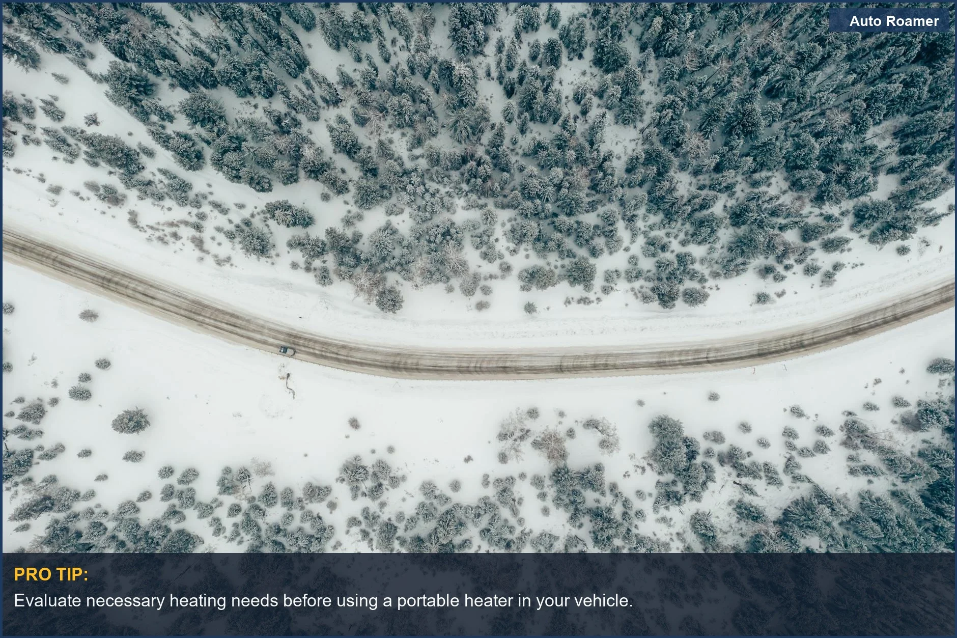 Aerial view of a snow-covered road in the Altay Mountains highlighting winter conditions while questioning portable heater safety.