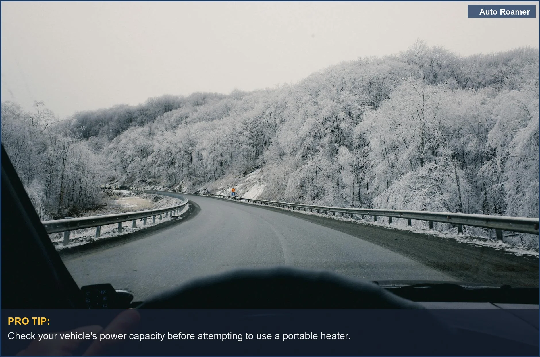 Interior view of a car driving on a snowy road, prompting inquiries about portable heater safety.