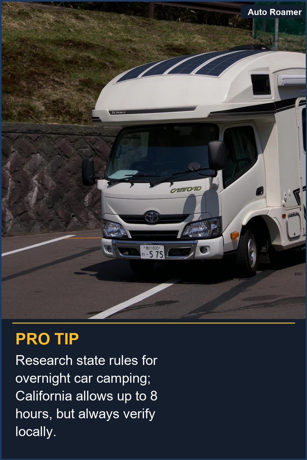 Research state rules for overnight car camping; California allows up to 8 hours, but always verify locally.