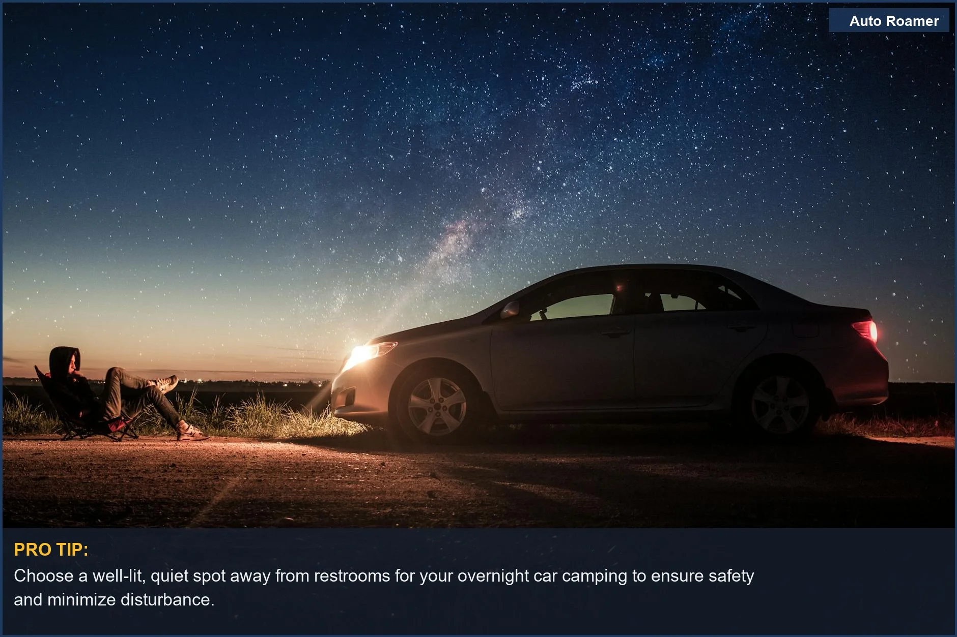 Person relaxing by car under starry night sky, perfect for quiet overnight rest.