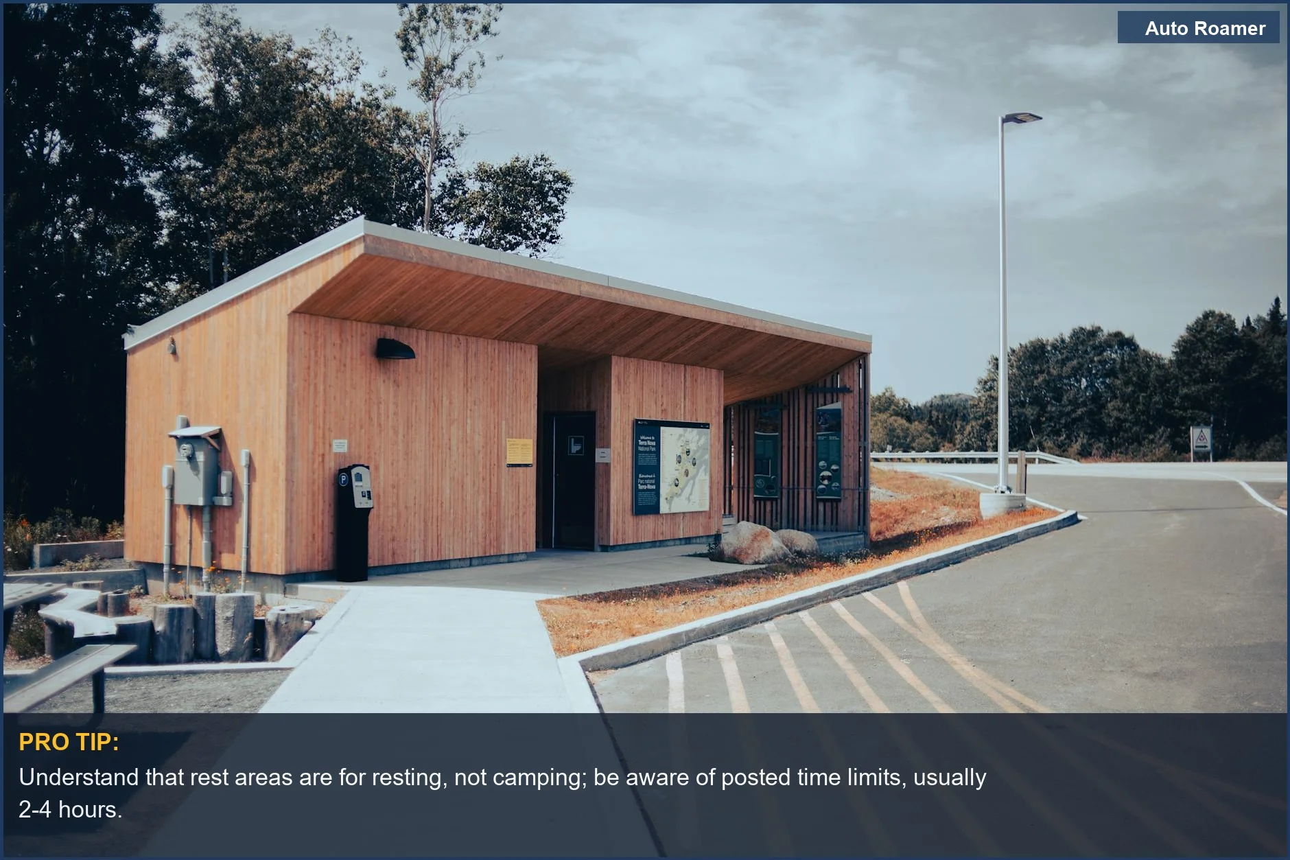 Rest area building with blue sky, ideal for short overnight car camping breaks.