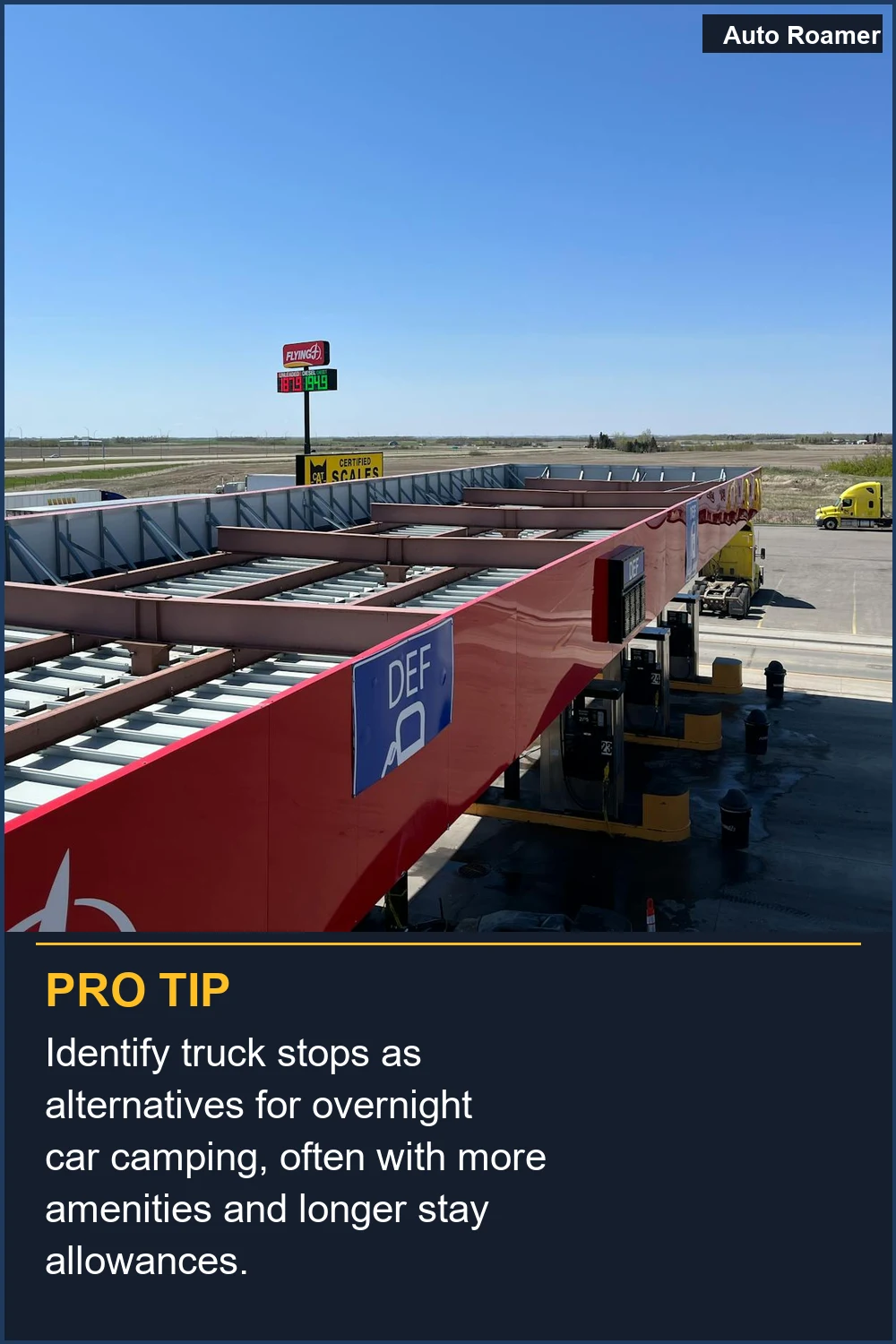 Identify truck stops as alternatives for overnight car camping, often with more amenities and longer stay allowances.