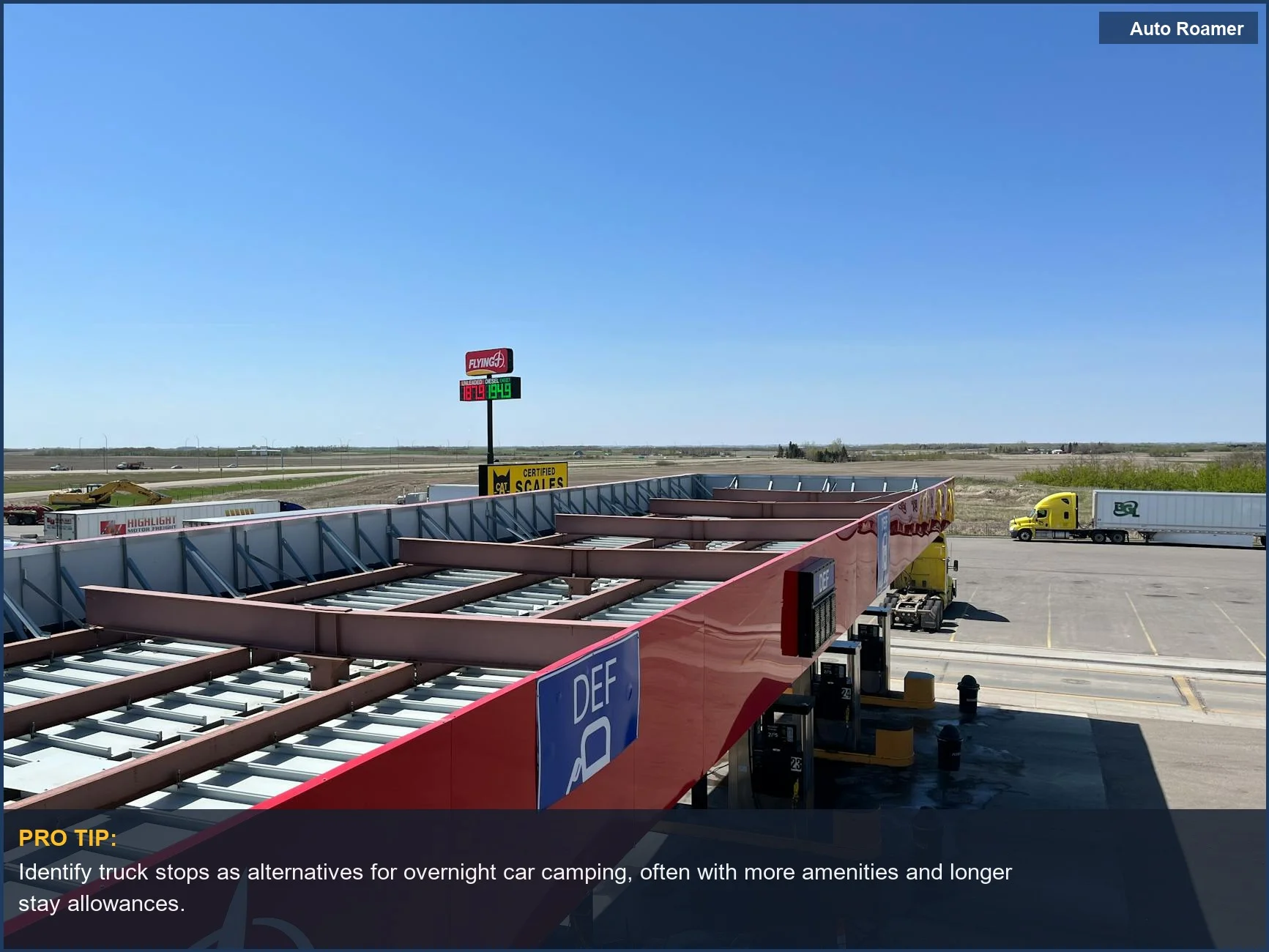 Aerial view of a busy truck stop parking lot, a common stop for drivers needing rest.