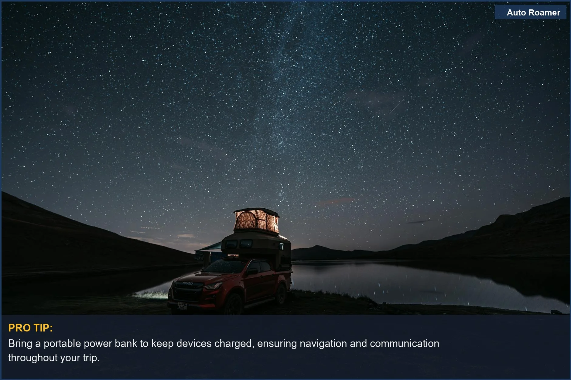 Serena acampada junto al lago con una camioneta bajo un cielo estrellado, ofreciendo inspiración para opciones de energía en una configuración de acampada en coche.