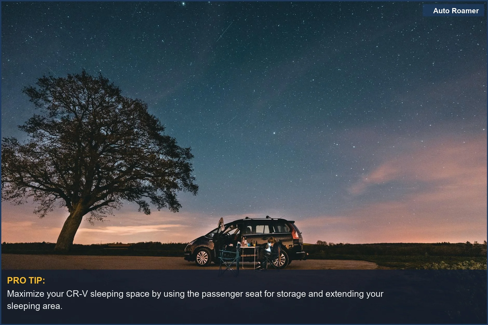 Solo car camping in a Honda CR-V under a starry Belgian night sky.