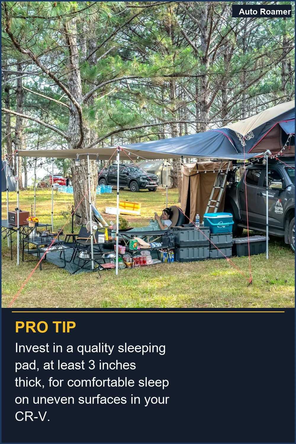 Invest in a quality sleeping pad, at least 3 inches thick, for comfortable sleep on uneven surfaces in your CR-V.