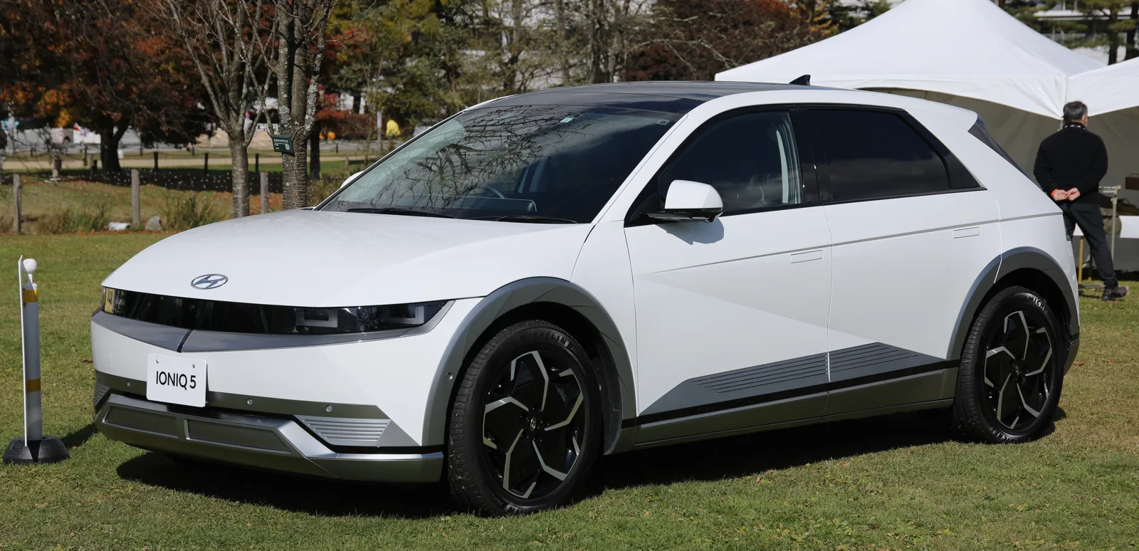 A white Hyundai Ioniq 5 electric SUV parked outdoors, the model this guide covers for sleeping in a car